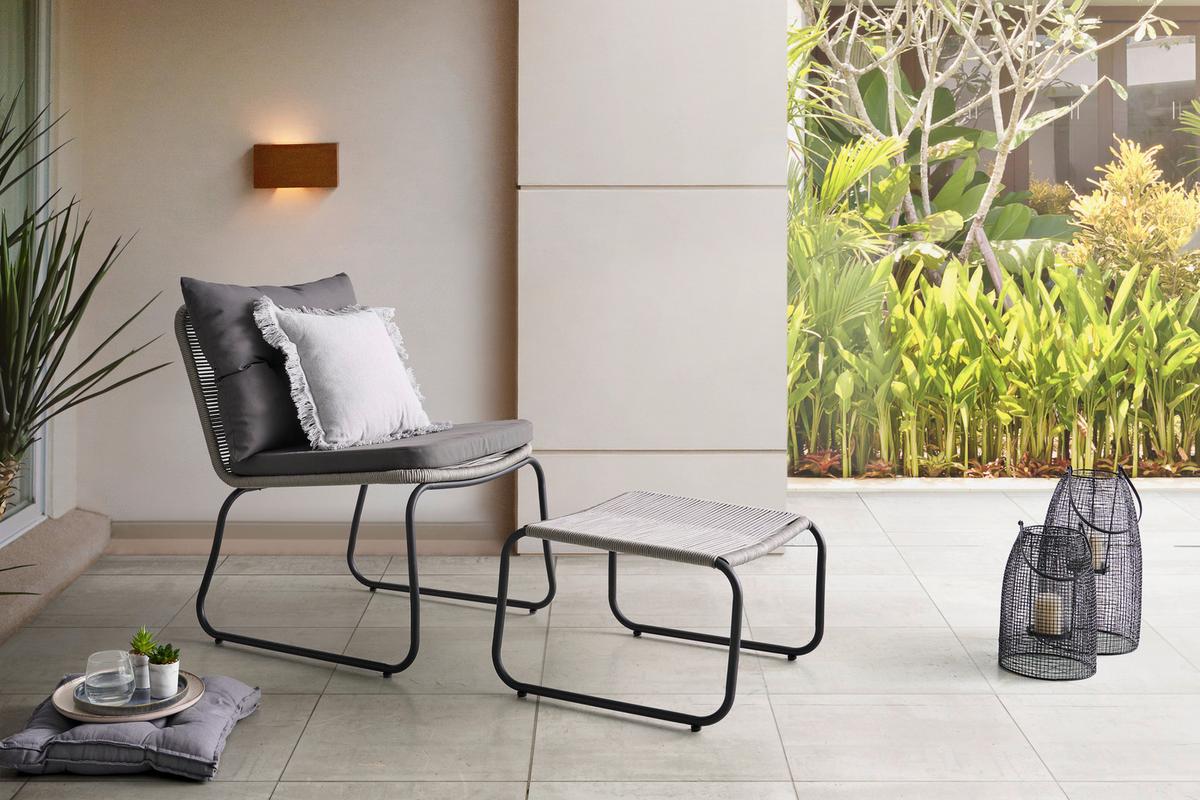 Gartensessel Stahl/Textil Fußhocker - Dunkelgrau/Schwarz, MODERN, Textil/Metall (64-55/80/75cm) - Beldano