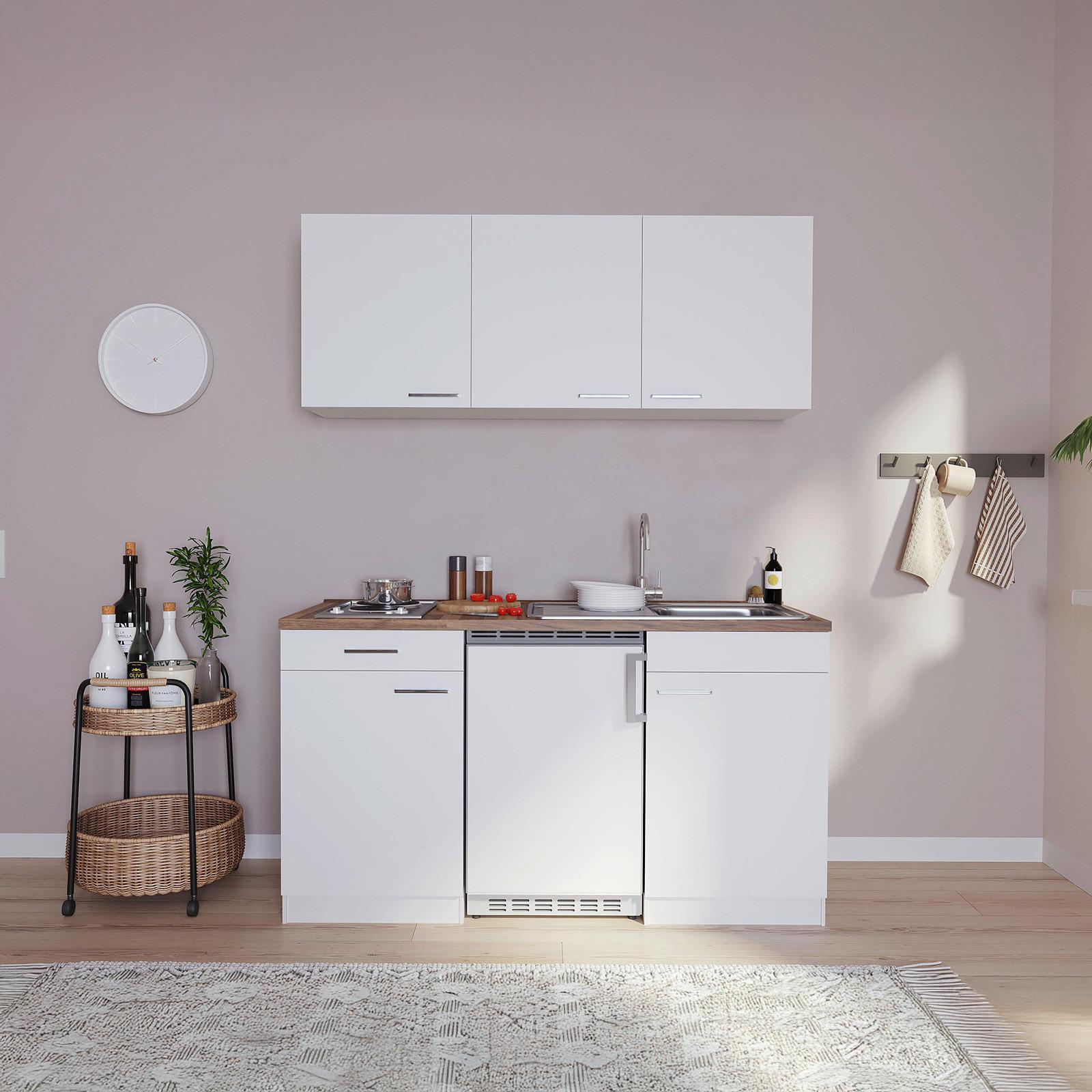 Miniküche Economy M. Geräten 150 Cm Weiß/ Nussbaum Dekor - Nussbaumfarben/Weiß, Basics, Holzwerkstoff (150cm) - Respekta