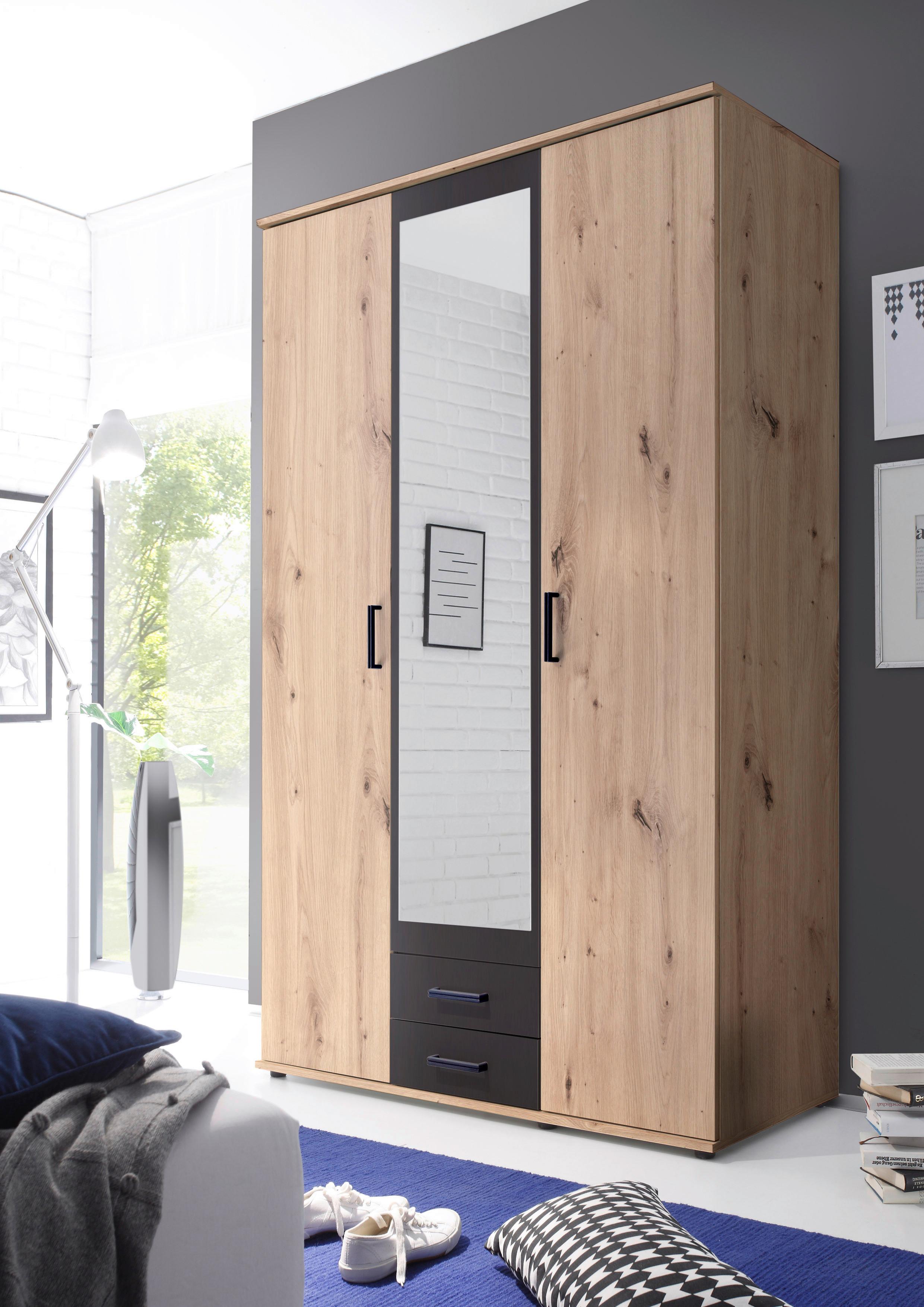 Drehtürenschrank Mit Spiegel + Laden 120 Cm Chicago, Eiche - Eichefarben/Anthrazit, Basics, Glas/Holzwerkstoff (120/196/53,5cm) - MID.YOU