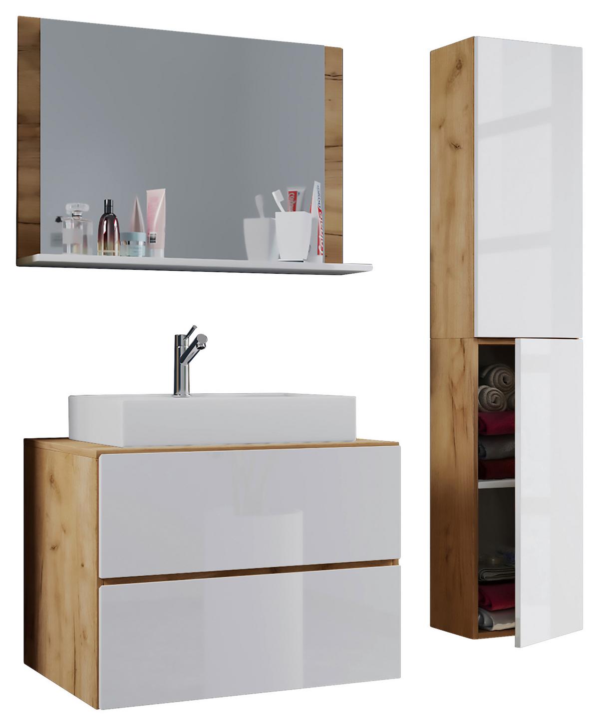 Badezimmer Lendas 4-Teilig Weiß B:114 Cm - Honigeiche/Weiß, MODERN, Keramik/Holzwerkstoff (114cm) - MID.YOU