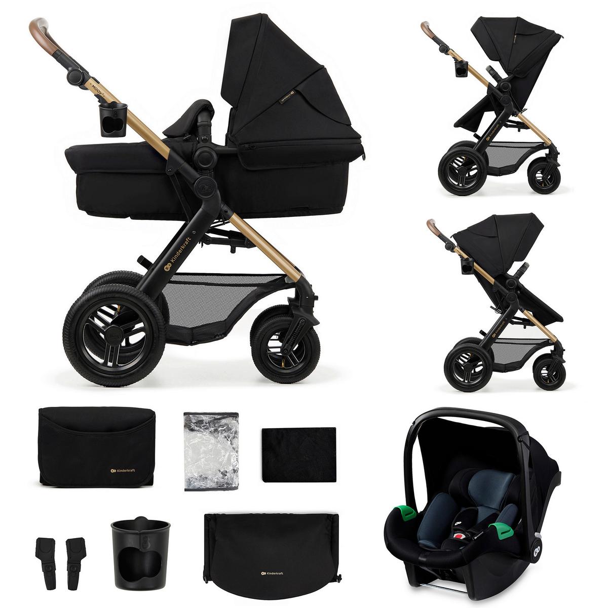 Kinderwagenset schwarz/gold 7tlg. - Goldfarben/Schwarz, Basics, Textil/Metall (86,5/60/106cm) - Kinderkraft