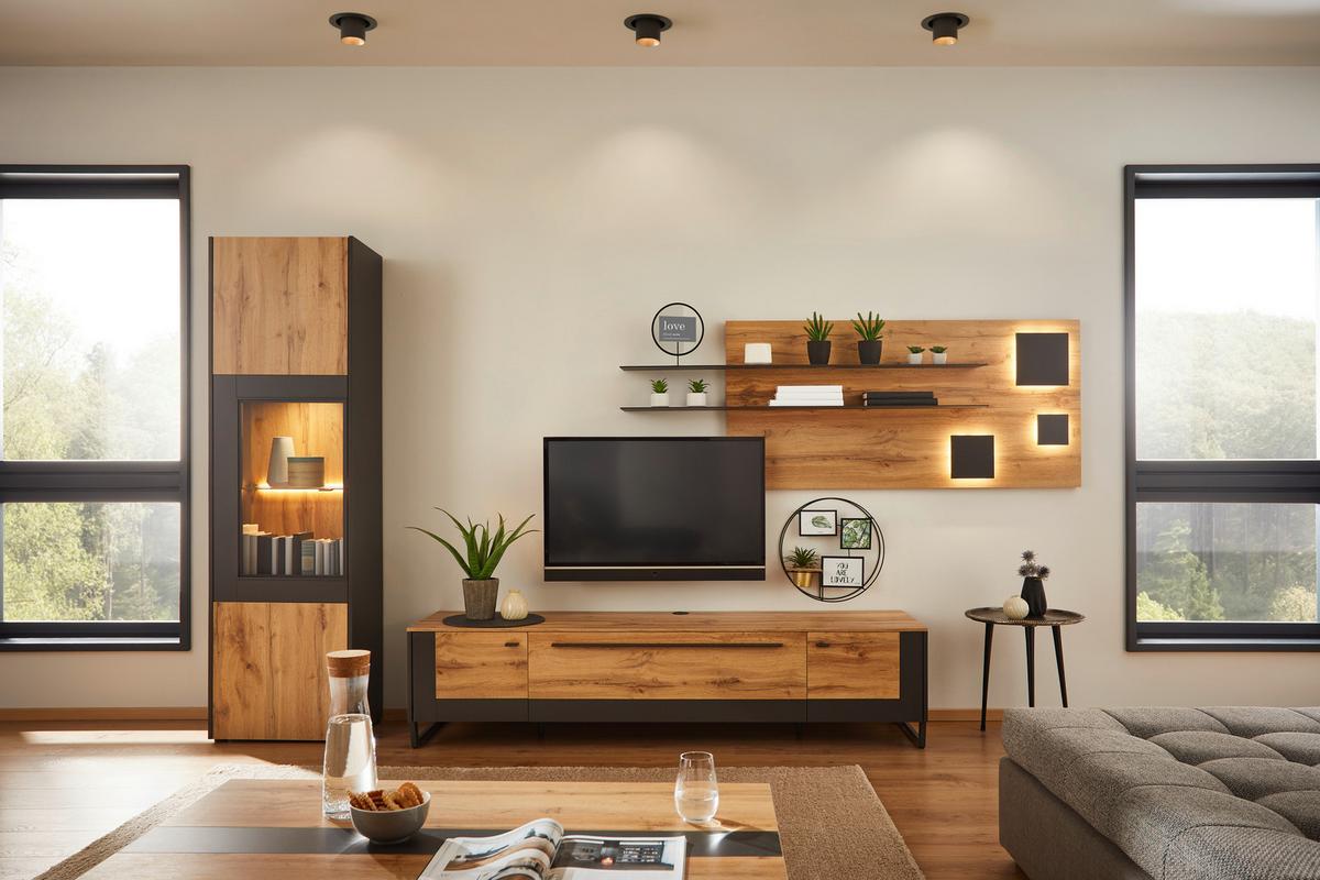 VITRÍNA SKAGEN - barvy dubu/černá, Moderní, kov/kompozitní dřevo (56/196/40cm) - Premium Living