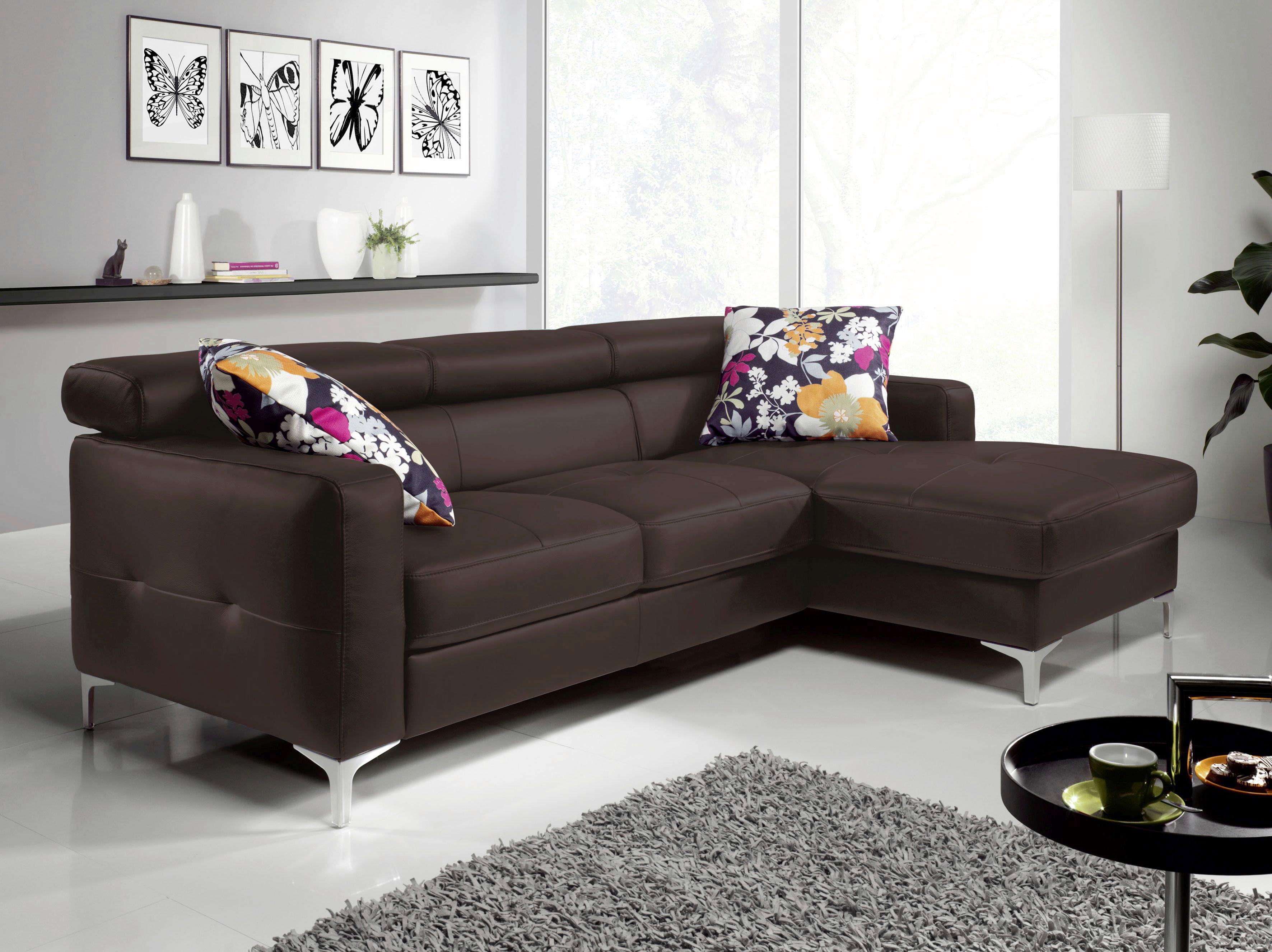 Ecksofa Mit Schlaffunktion Sammy Dunkelbraun Leder - Chromfarben/Dunkelbraun, Design, Leder (227/168cm) - Livetastic