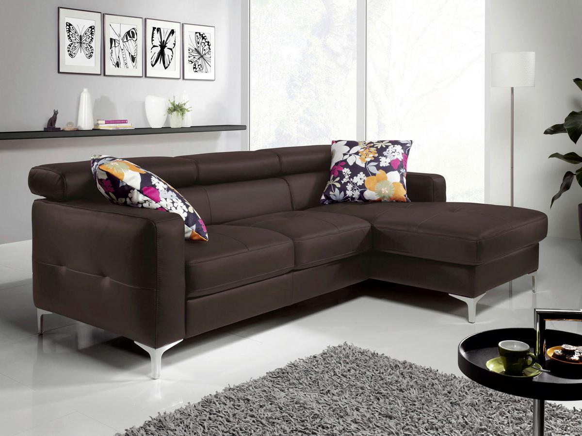 Ecksofa Mit Schlaffunktion Sammy Dunkelbraun Leder - Chromfarben/Dunkelbraun, Design, Leder (227/168cm) - Livetastic