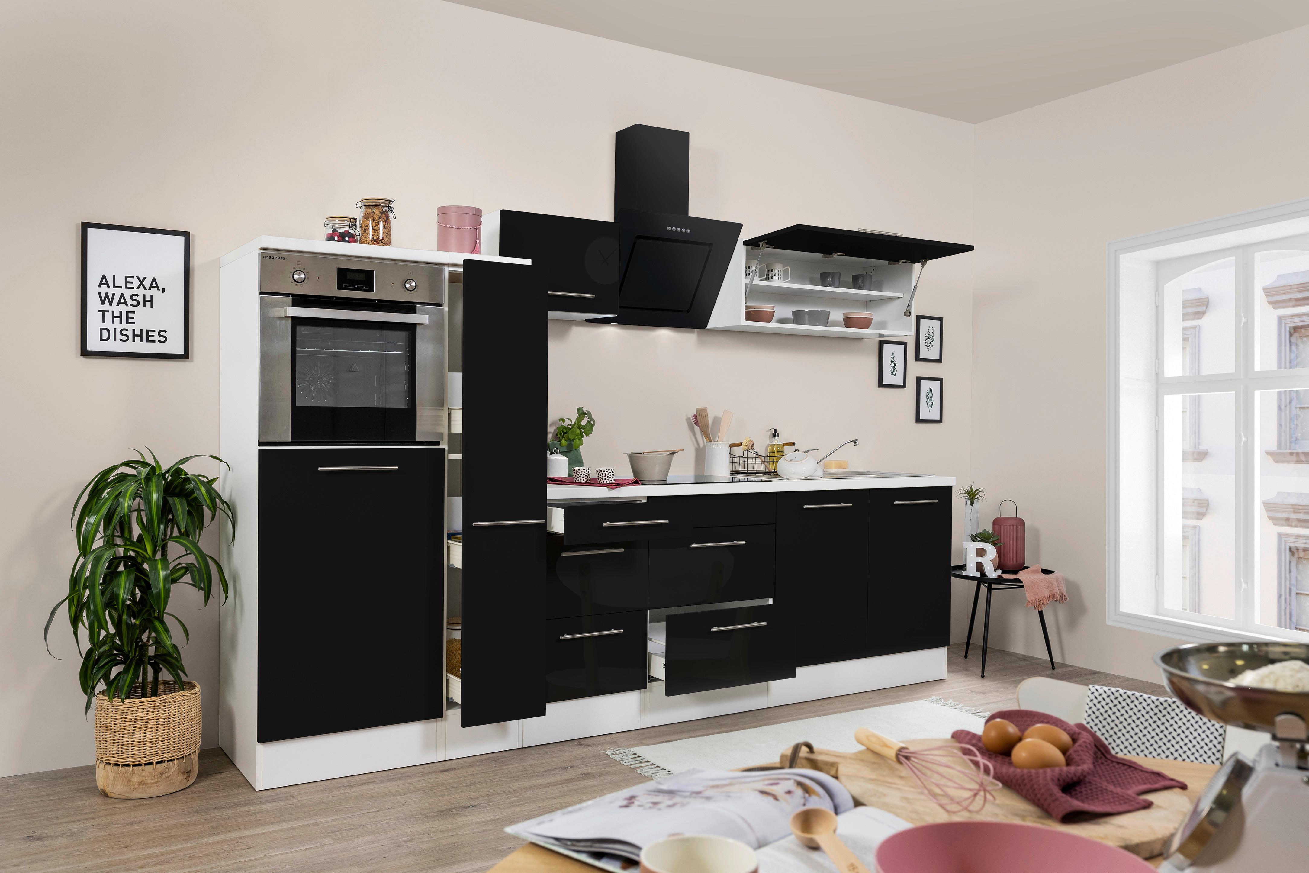 Küchenzeile mit Geräten 300 cm Schwarz Hochglanz/Weiß - Schwarz/Weiß, KONVENTIONELL, Holzwerkstoff (300cm) - Respekta