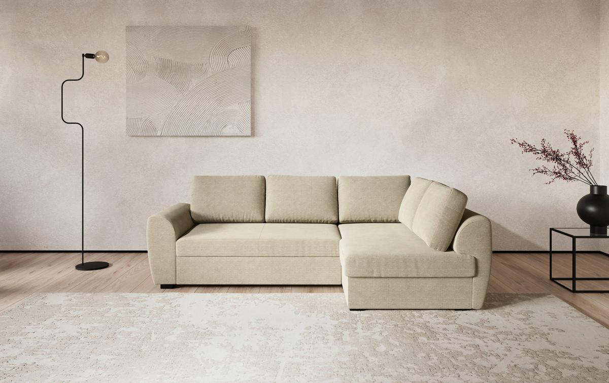 Ecksofa mit Bettfunktion Drift Cord beige, B: 253cm - Beige/Schwarz, Trend, Textil (253/154cm)