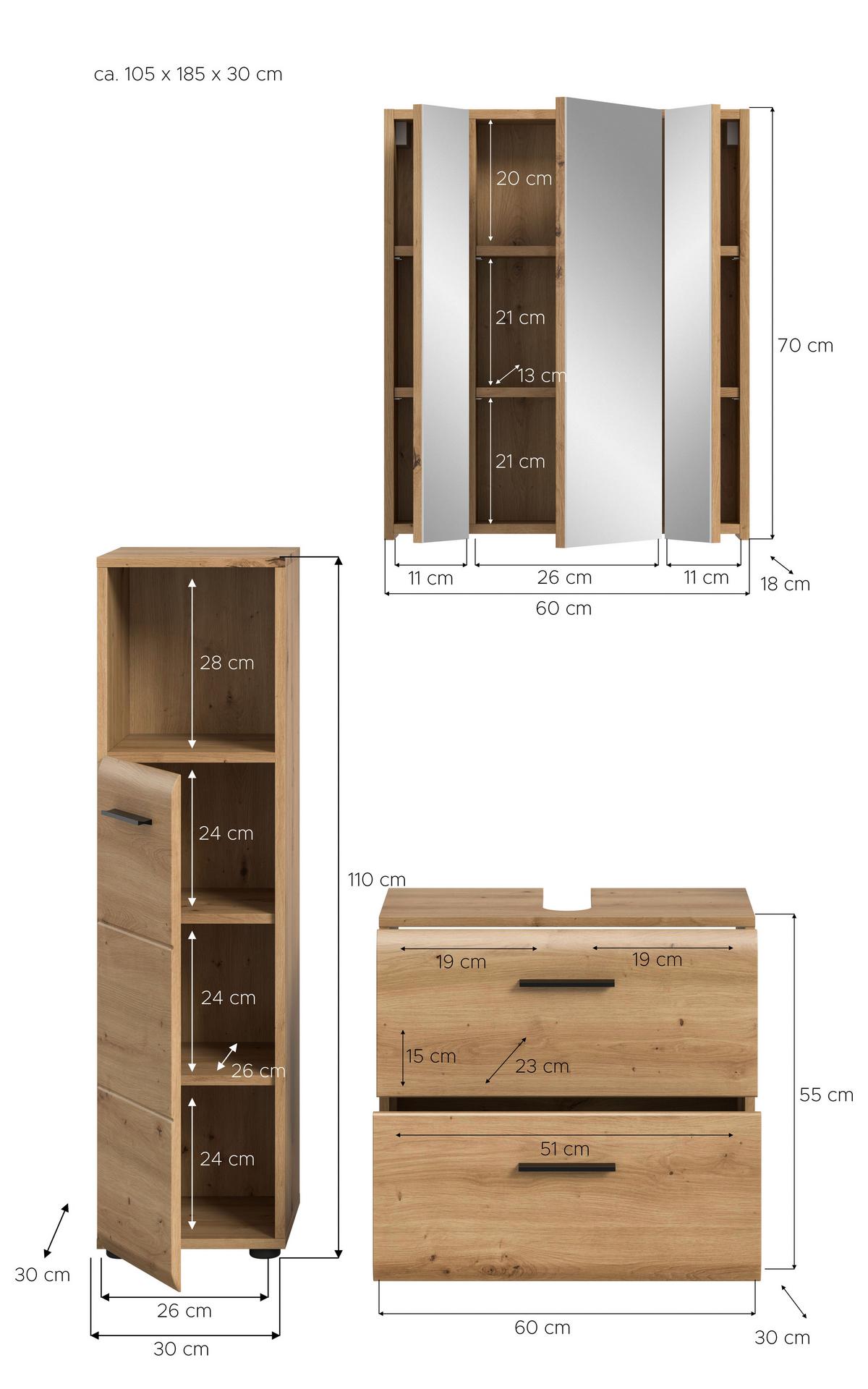 Badezimmer Ice Eiche Artisan Dekor B: 90cm - Schwarz/Eiche Artisan, Basics, Holzwerkstoff (90cm) - MID.YOU
