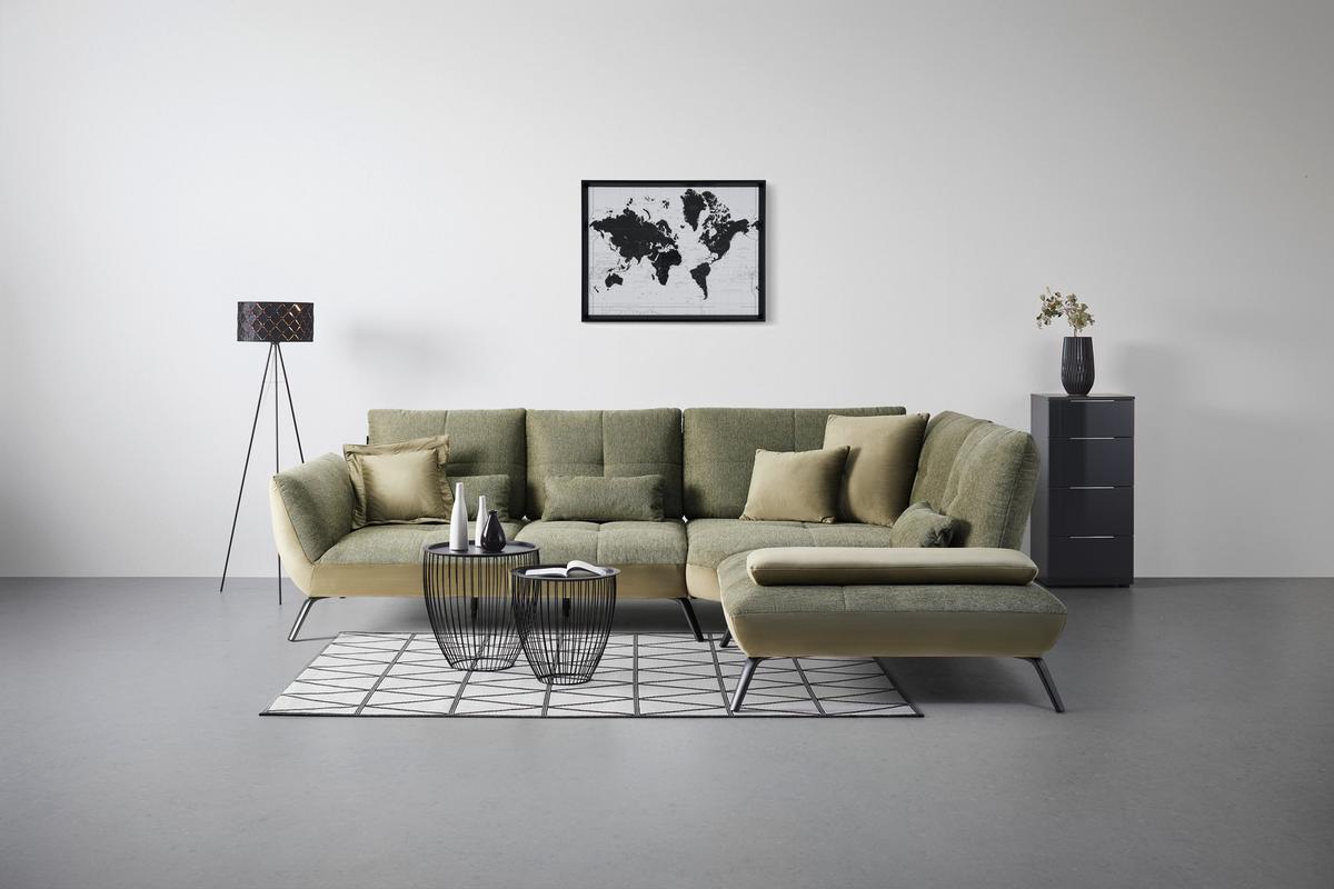 TRENDY, pravá, antracitová, s 3 bedrovými vankúšmi - olivovozelená/čierna, Modern, kov/kompozitné drevo (310/250/250cm) - Premium Living