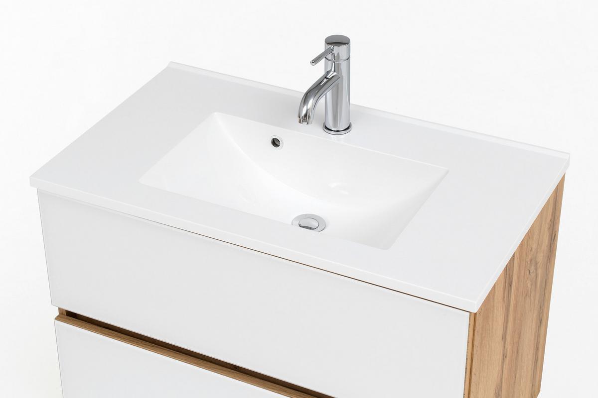 Badmöbel-Set 3-Tlg. inkl. LED Helsinki B: 80 cm, Weiß/Eiche - Eichefarben/Weiß, KONVENTIONELL, Glas/Holzwerkstoff (80cm) - Held