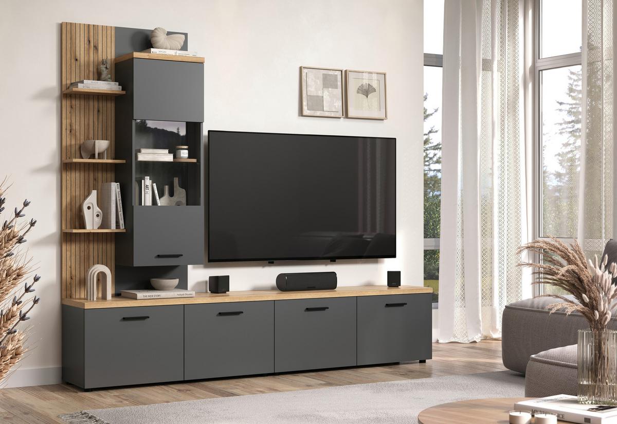 Wohnwand Baggio Anthrazit/Eiche B: 240cm - Eichefarben/Anthrazit, Design, Glas/Holzwerkstoff (240/212/40cm) - MID.YOU