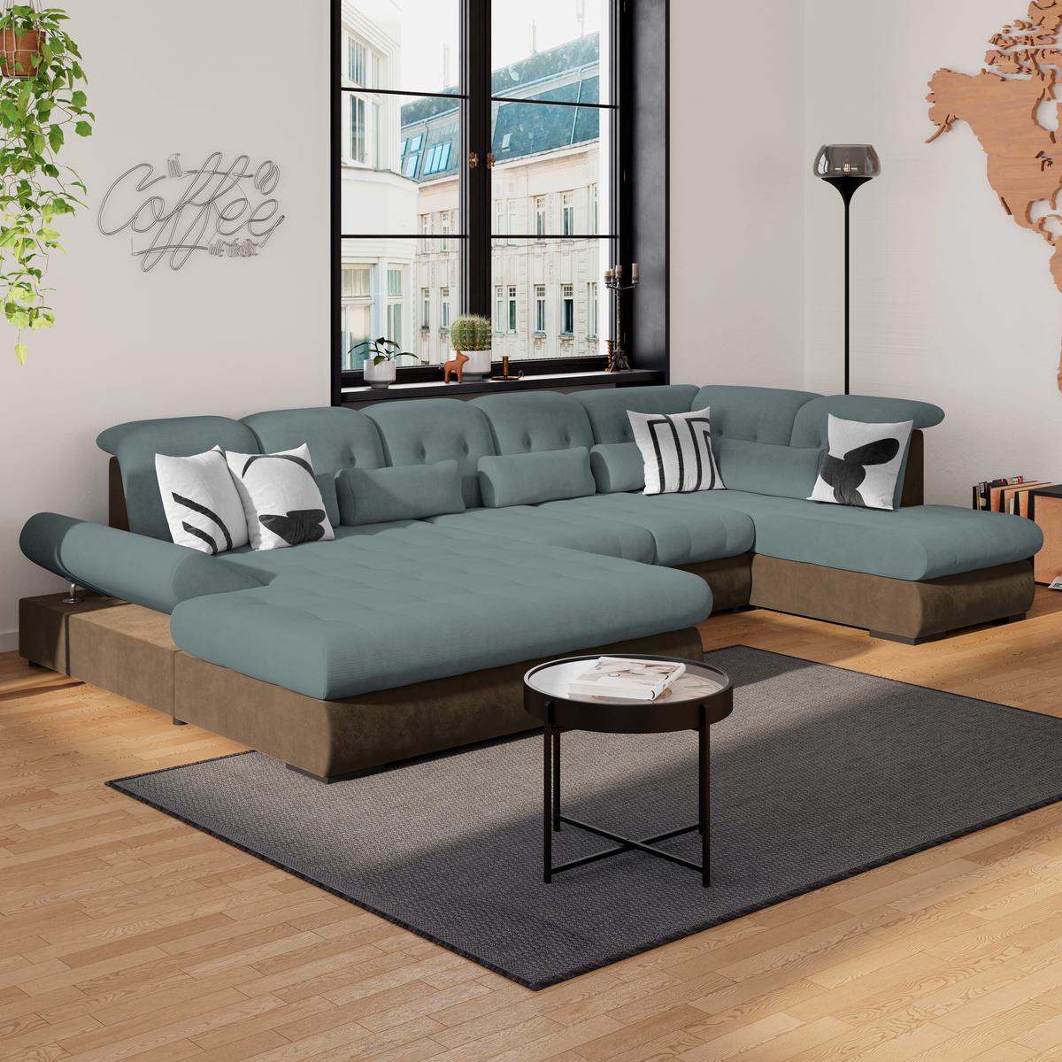 Wohnlandschaft Madera Blaugrün S: 358x312 cm - Blau/Hellbraun, KONVENTIONELL, Kunststoff/Textil (190/358/212cm)