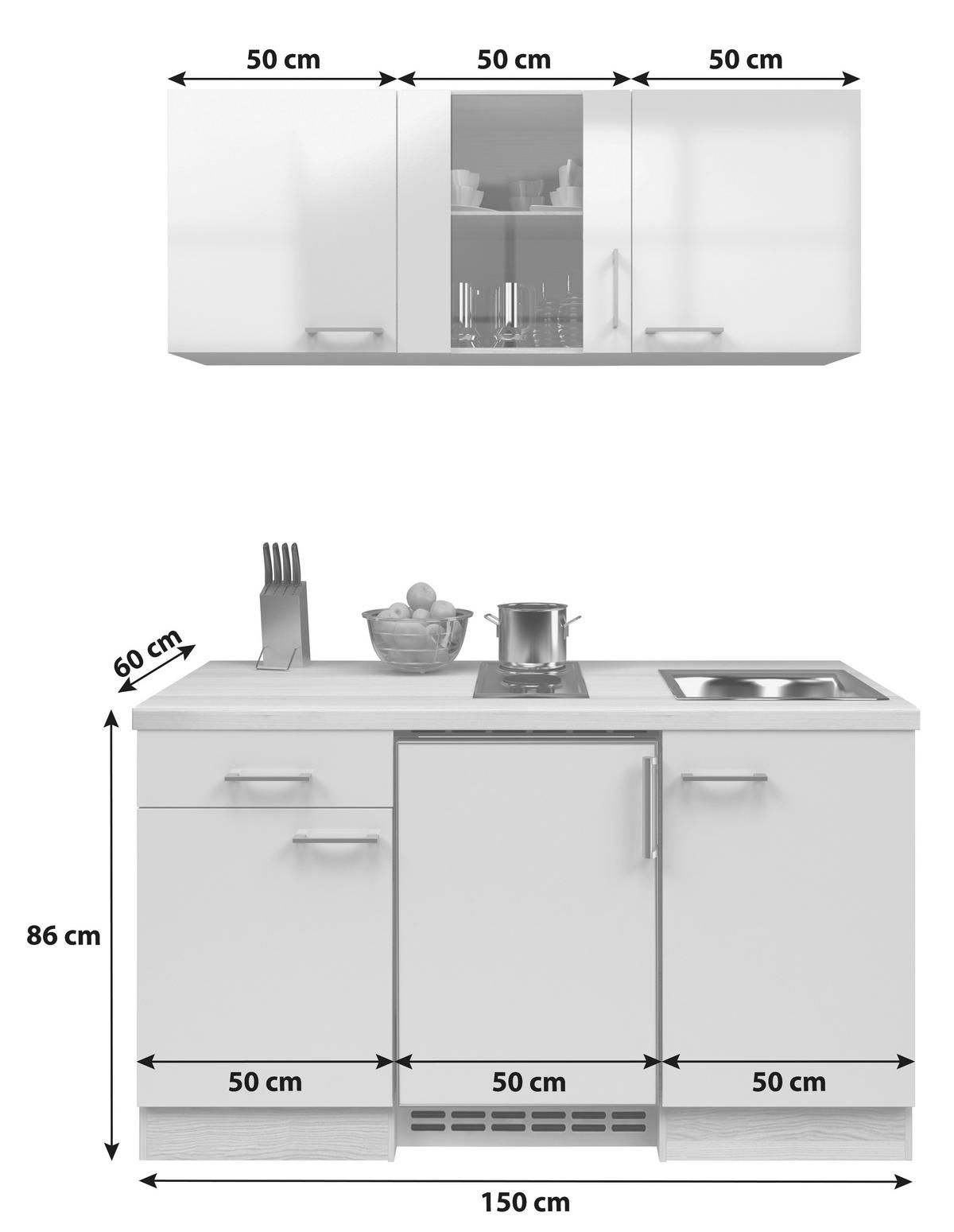 Minikuchyňa WITO vrátane spotrebičov a drezu - biela/farba ušľachtilej ocele, Modern, kompozitné drevo/plast (150,5cm)