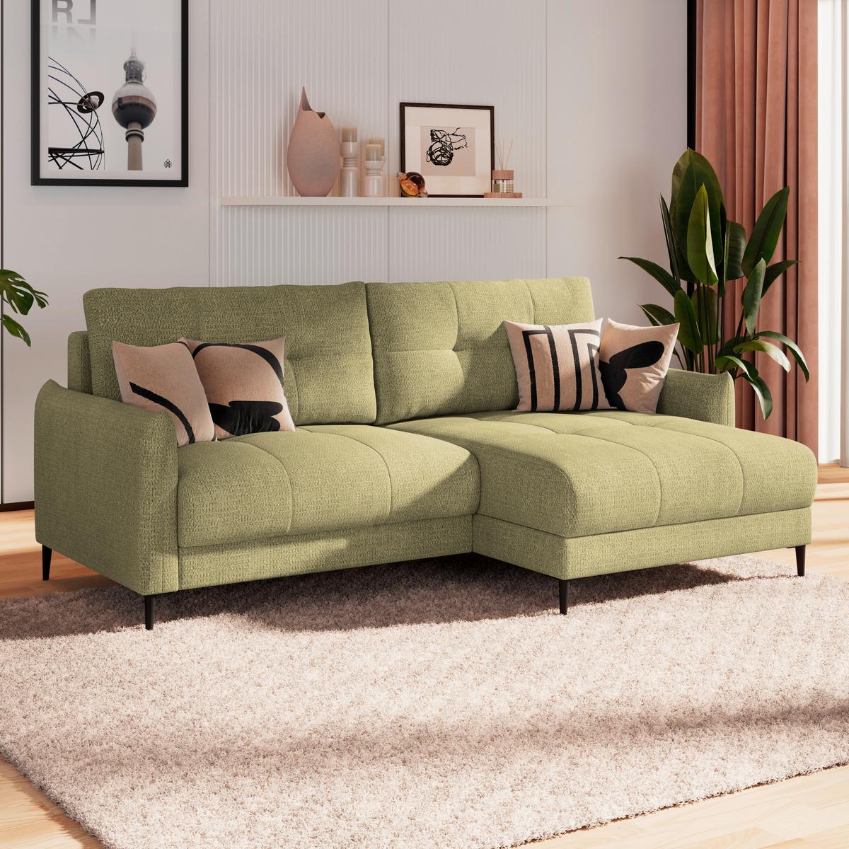 Ecksofa Polis Webstoff hellgrün, 221x142cm - Schwarz/Hellgrün, Trend, Textil (221/142cm) - Ondega