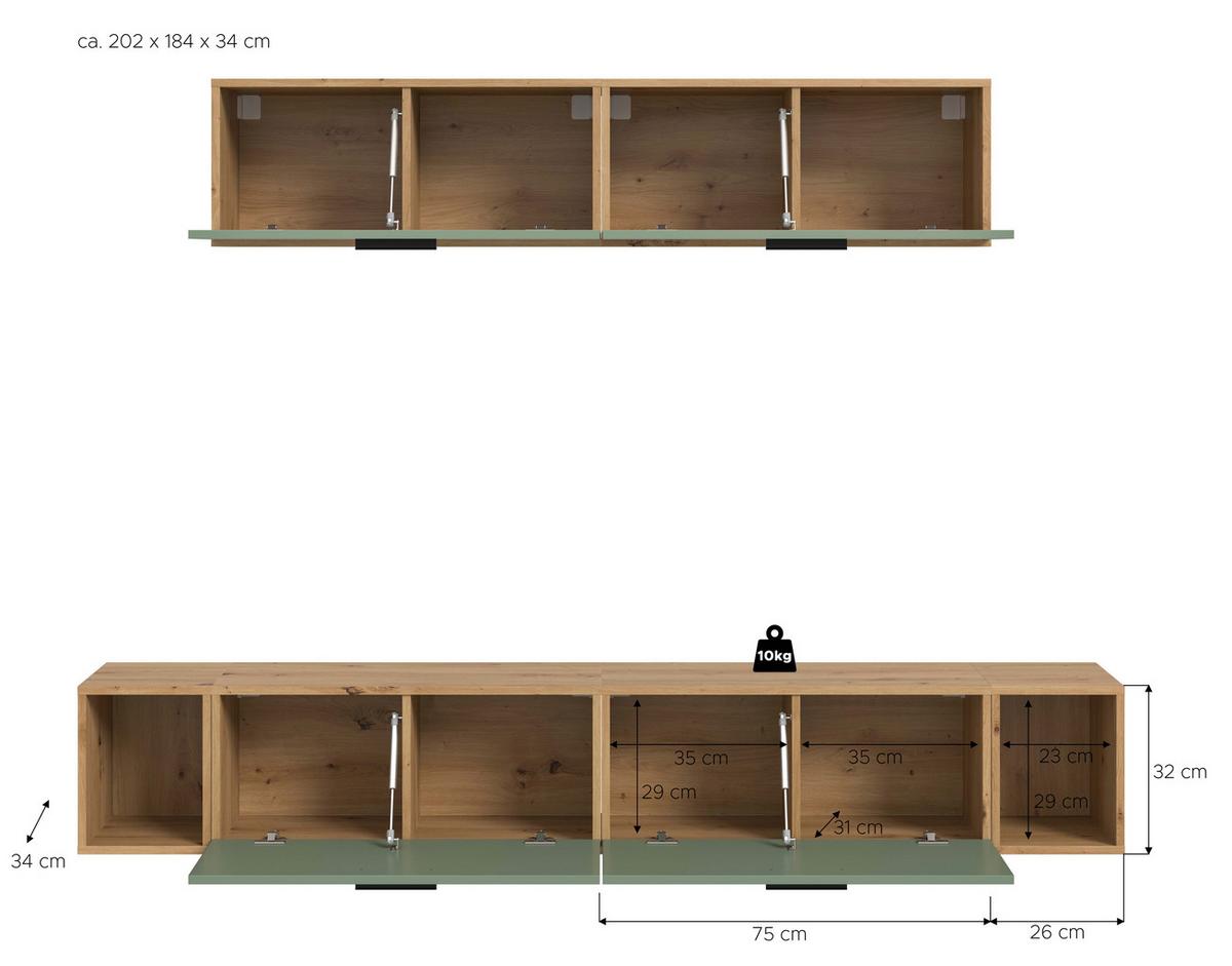 Wohnwand, The ONE 8, B: 150 cm Olivgrün/Artisan Eiche Dekor - Schwarz/Weiß, Trend, Holzwerkstoff (150/92/34cm)