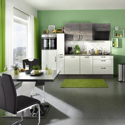 Elegante Fronten in Weiß und Steineiche Dekor Küchenblock mit Hochglanzfronten in Weiß