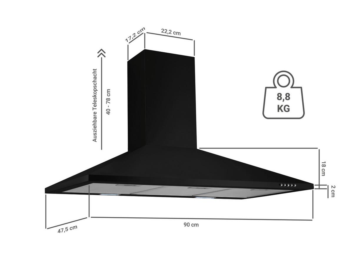 Dunstabzugshaube Respekta Karena Schwarz B:90cm - Schwarz, Basics, Metall (90/58-96/47,5cm) - Respekta