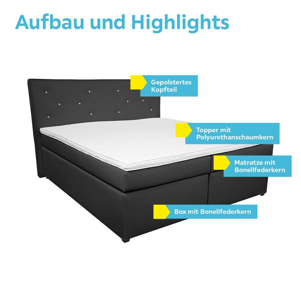 Boxspringbett Mit Topper, Lederlook 180x200cm Luminosa - Schwarz, MODERN, Textil (180/200cm)