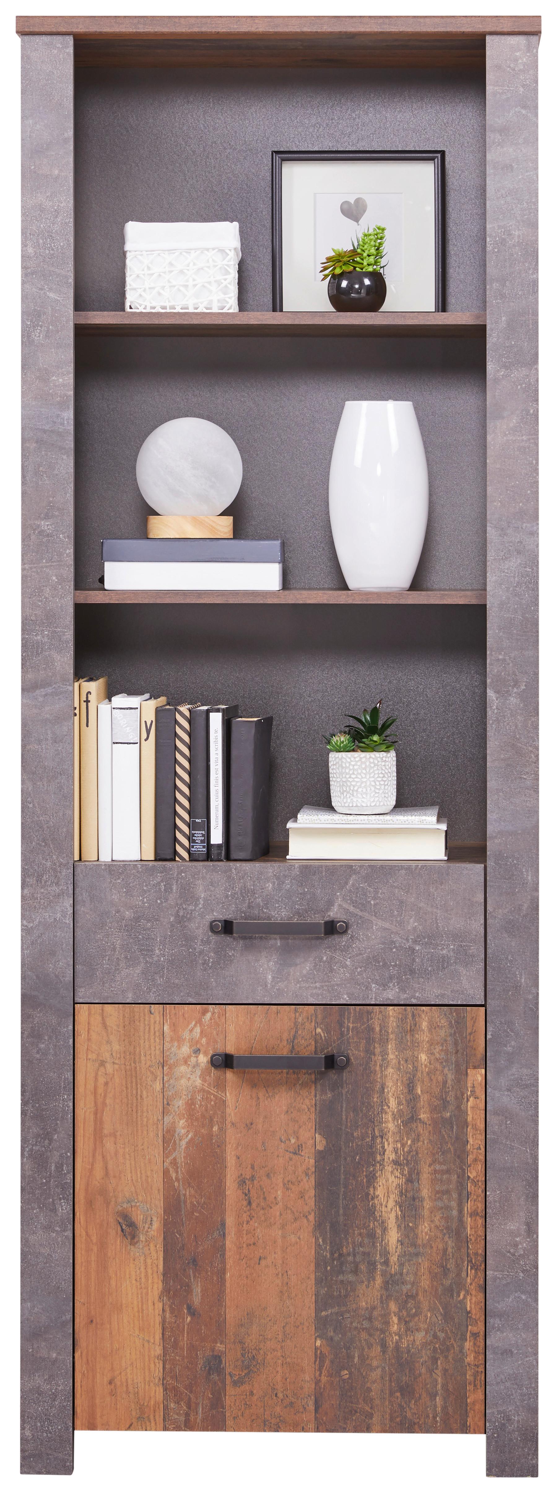 Regal mit Lade + Tür Ontario B: 71,4cm Old Style/Betonoptik - Dunkelgrau/Eichefarben, Trend, Holzwerkstoff (71,4/200/41,5cm) - Ondega