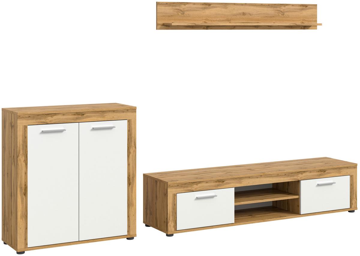 Wohnwand Jam Eiche Dekor Weiß 3-Teilig B: 255 Cm - Eiche Wotan/Schwarz, Design, Holzwerkstoff (255/159/35cm) - MID.YOU