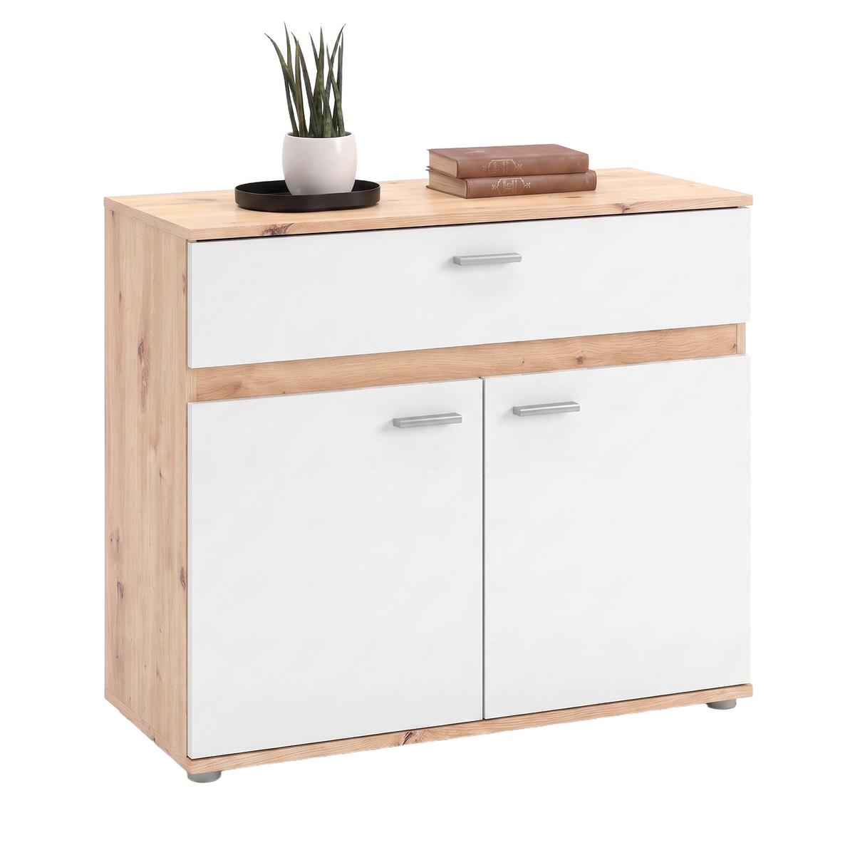 Kommode Carmen 2 Weiß/Eichefarben B: 80,2 cm - Eichefarben/Silberfarben, Trend, Holzwerkstoff (80,2/80/35cm) - Based