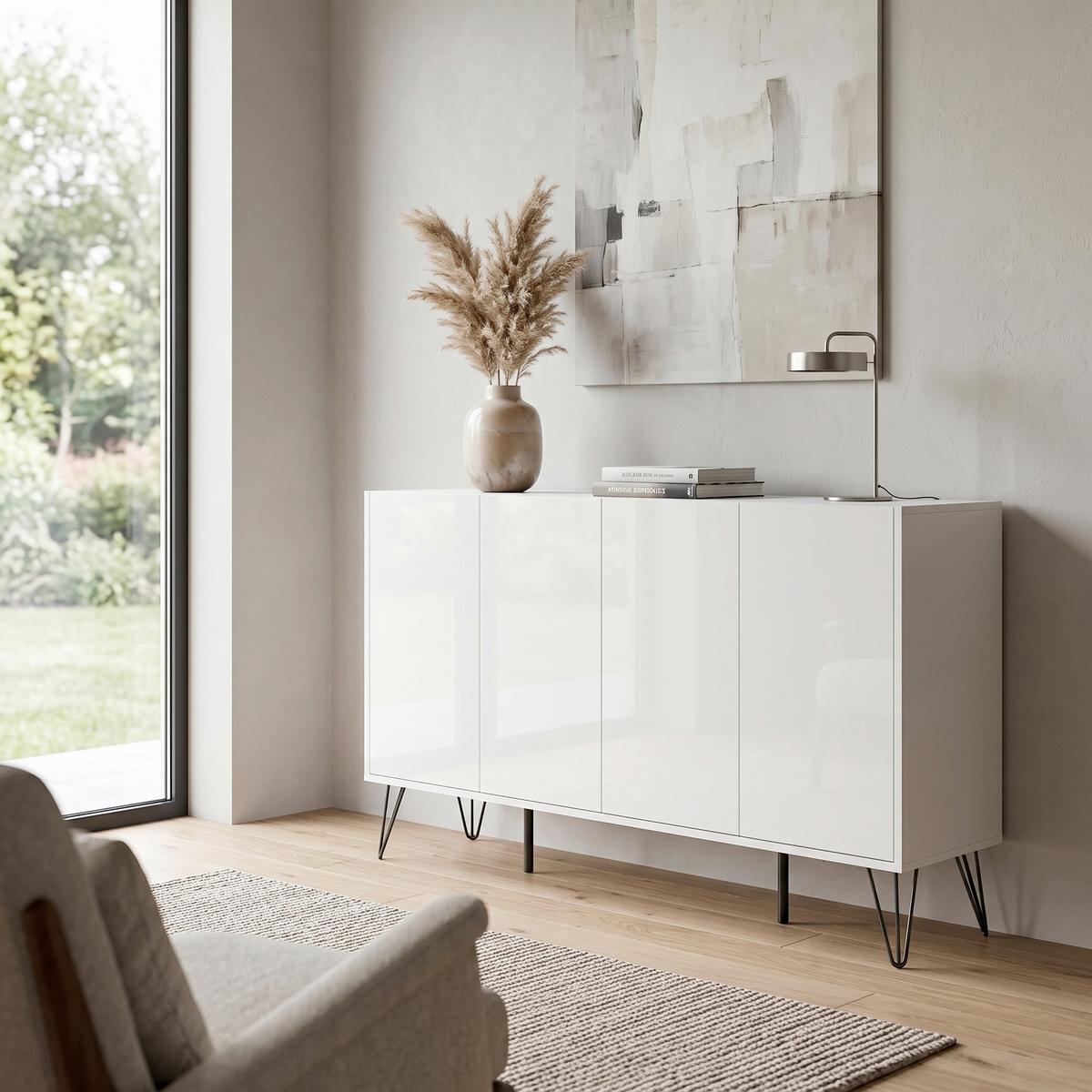 Sideboard Posseik Industrial Weiß B: 155 cm - Weiß Hochglanz/Schwarz, Design, Holzwerkstoff (155/93,6/42cm) - MID.YOU