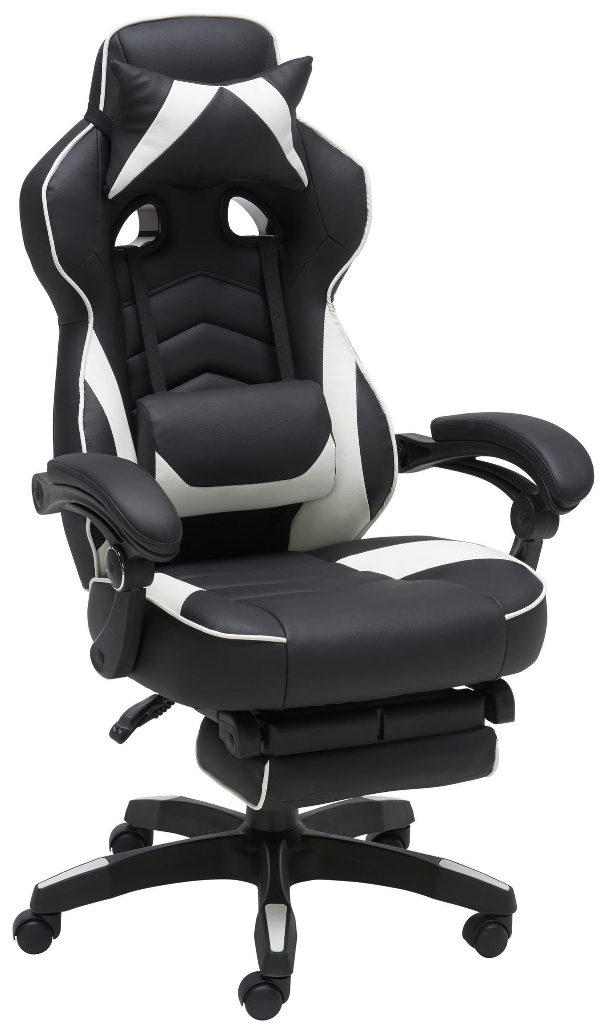 Gaming Stuhl Yaira Mit Ausziehbarer Fußstütze - Schwarz/Weiß, Design, Kunststoff/Textil (68,5/116-124/60,5cm) - Livetastic