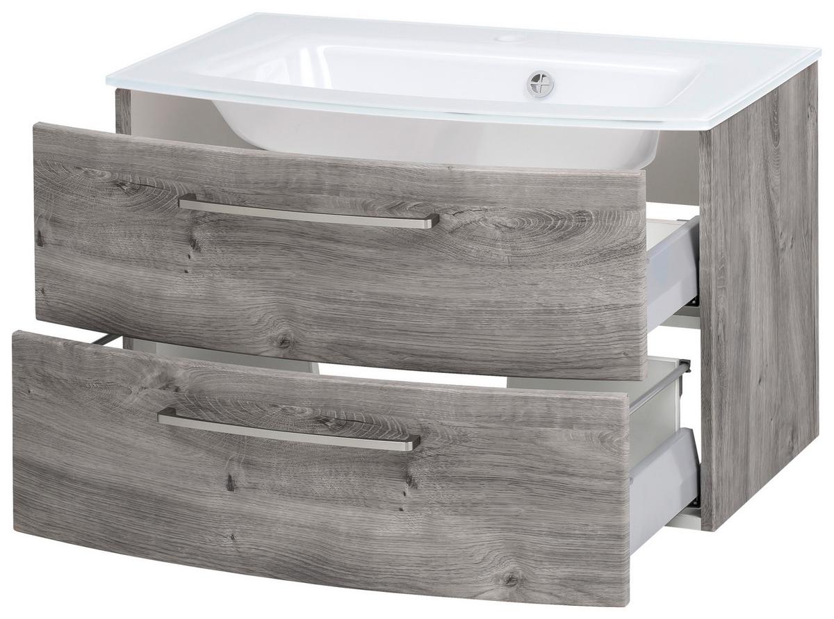 Waschbecken Mit Unterschrank Stockholm B: 80cm Grau Dekor - Eiche grau/Weiß, KONVENTIONELL, Glas/Holzwerkstoff (80cm) - Held