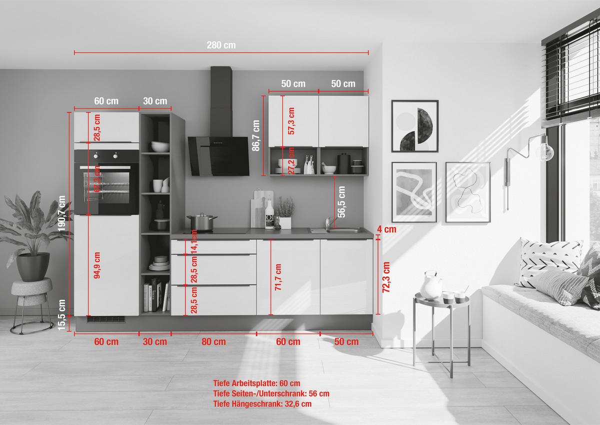 Küchenblock Ip4050 - Weiß Hochglanz/Dunkelgrau, Design, Holzwerkstoff (280cm) - Impuls