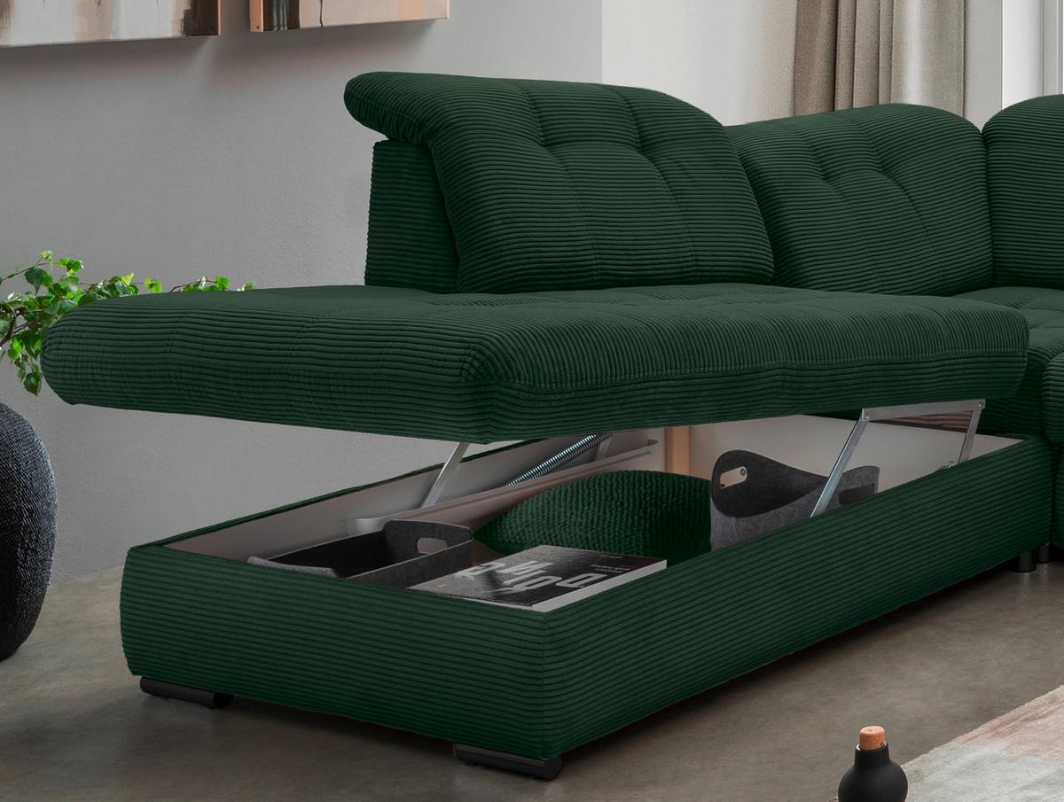 Wohnlandschaft Mit Bettkasten Rigatti Dunkelgrün B: 387 Cm - Dunkelgrün/Schwarz, MODERN, Textil (252/387/184cm) - Livetastic