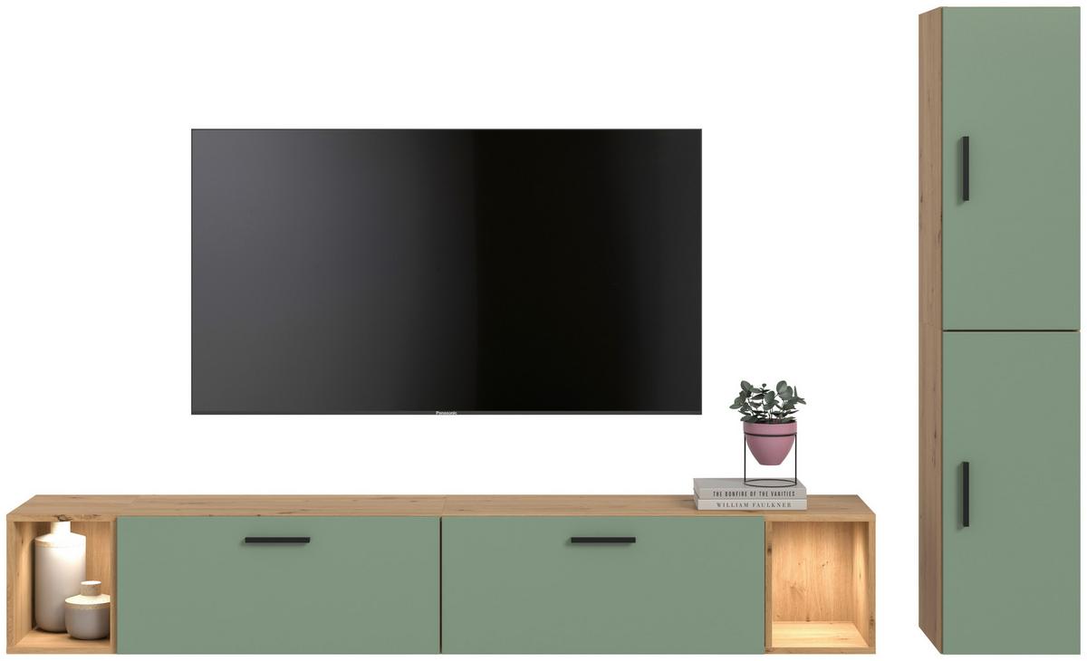 Wohnwand, The ONE 1, B: 259 cm Olivgrün/Artisan Eiche Dekor - Schwarz/Weiß, Trend, Holzwerkstoff (259/182/34cm)