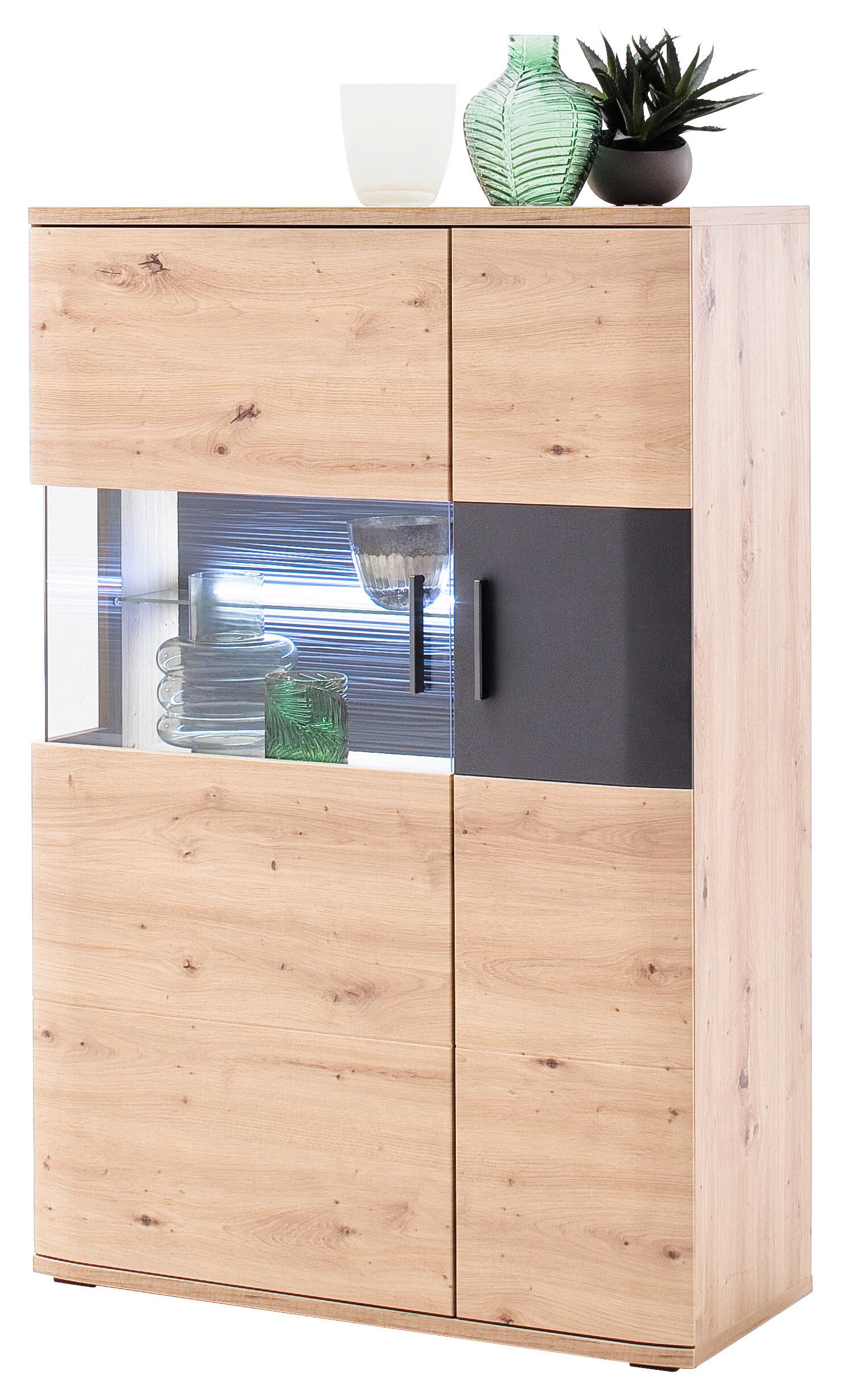Highboard B: 90 cm Cortona Anthrazit/Eichefarben - Klar/Eichefarben, Design, Glas/Holzwerkstoff (90/134/37cm) - Livetastic