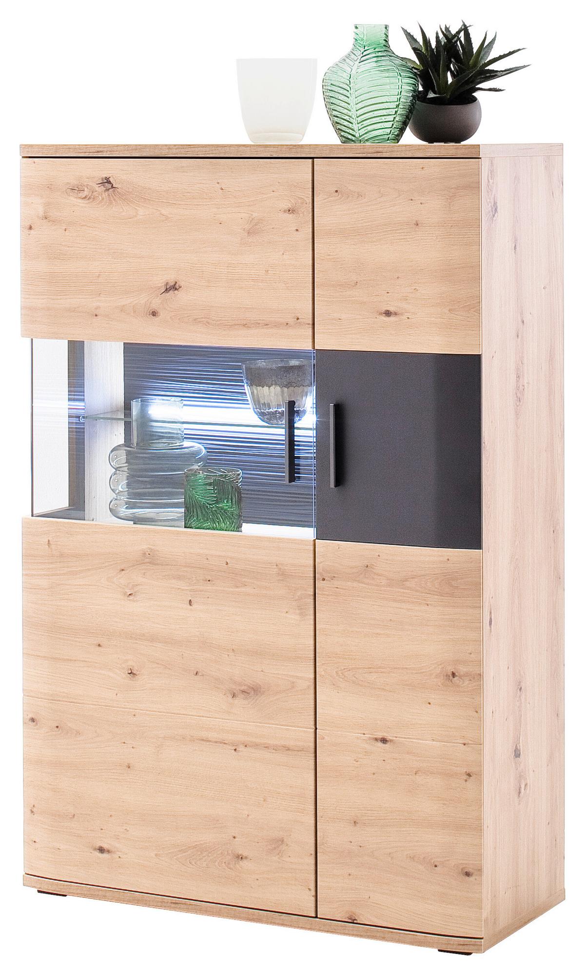 Highboard B: 90 cm Cortona Anthrazit/Eichefarben - Klar/Eichefarben, Design, Glas/Holzwerkstoff (90/134/37cm) - Livetastic