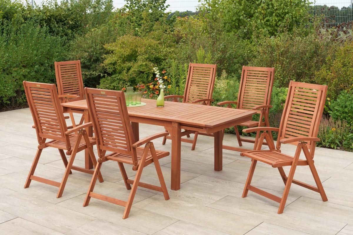 Gartentischgruppe Cordoba 7 -Teilig. Naturfarben - Eukalyptusholzfarben, KONVENTIONELL, Holz - Gardenson