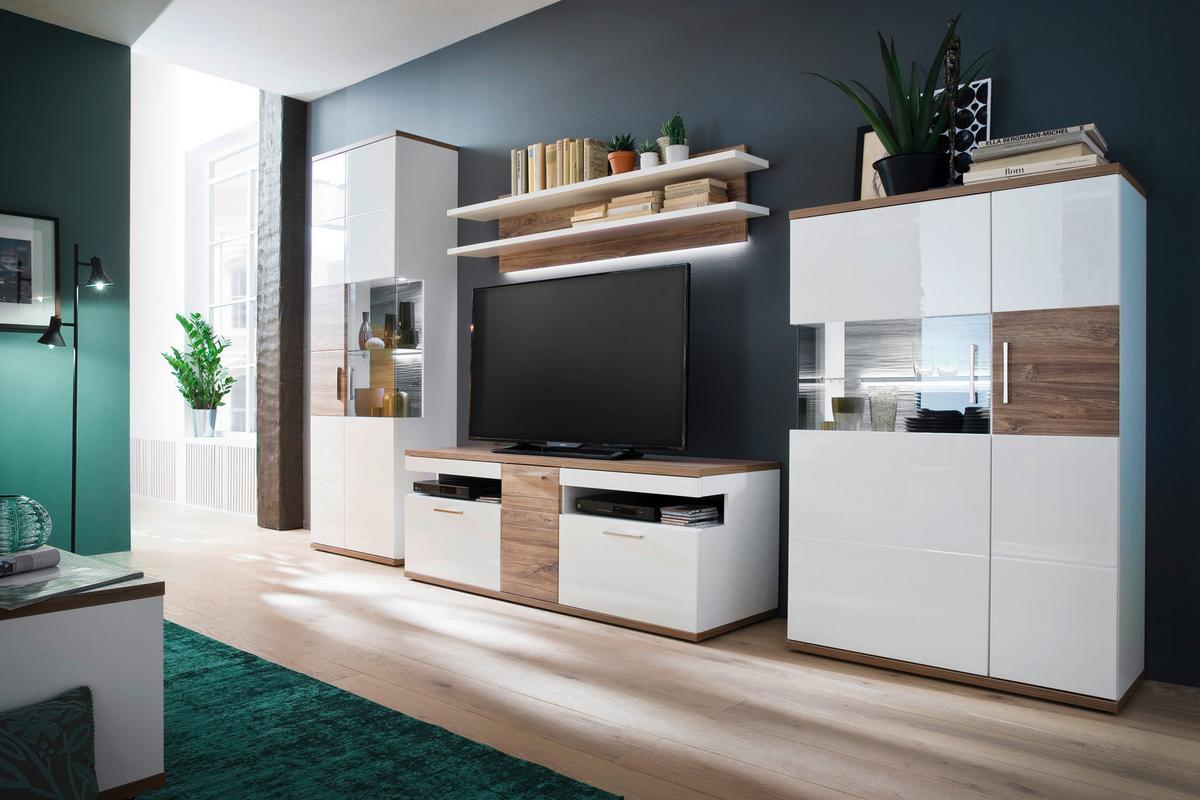 Highboard B: 90 cm Luzern Weiß/Eichefarben - Eichefarben/Weiß, Design, Glas/Holzwerkstoff (90/135/37cm) - Livetastic