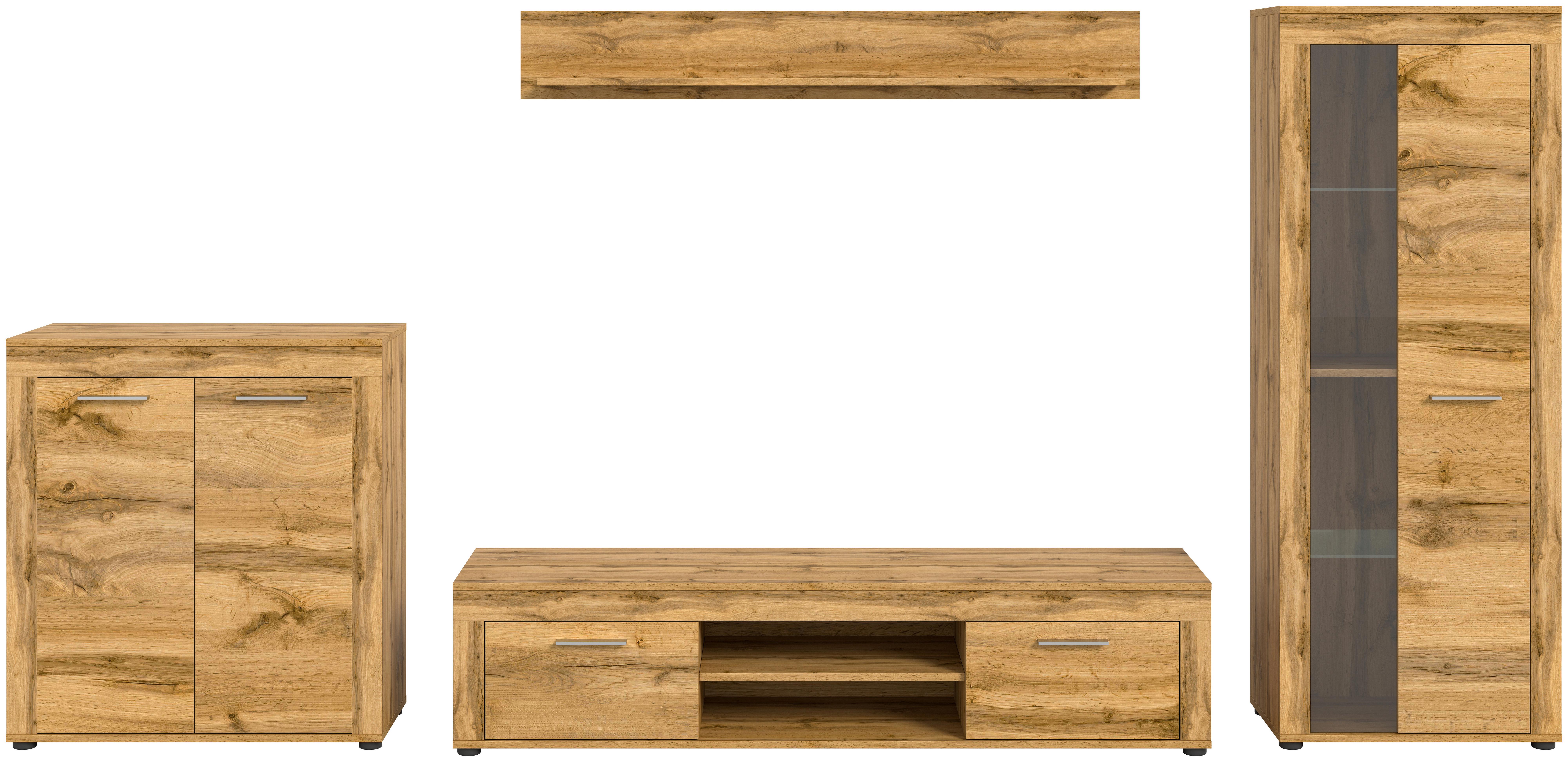 Wohnwand Jam Eiche Dekor 4-Teilig B: Ca. 330 Cm - Eiche Wotan/Schwarz, Design, Glas/Holzwerkstoff (330/159/35cm) - MID.YOU