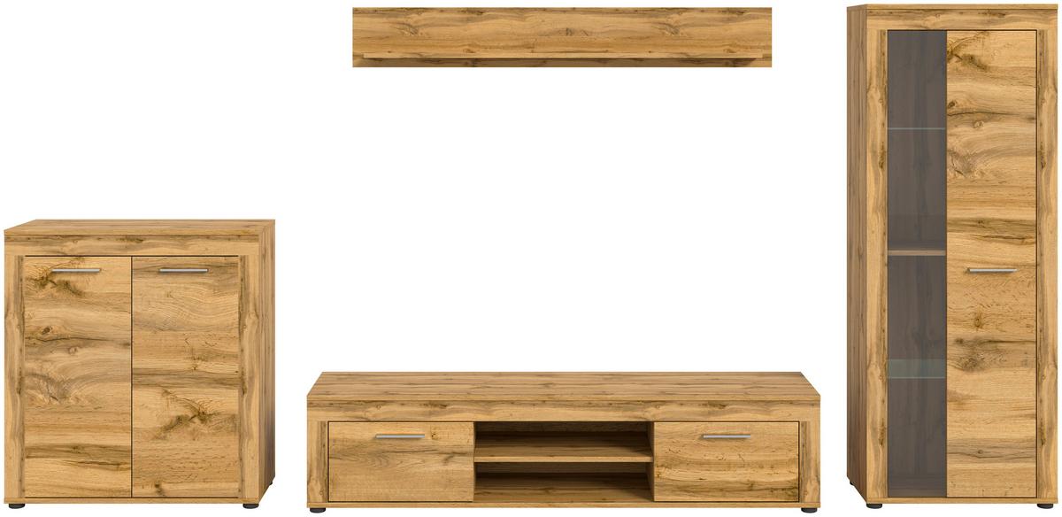 Wohnwand Jam Eiche Dekor 4-Teilig B: Ca. 330 Cm - Eiche Wotan/Schwarz, Design, Glas/Holzwerkstoff (330/159/35cm) - MID.YOU