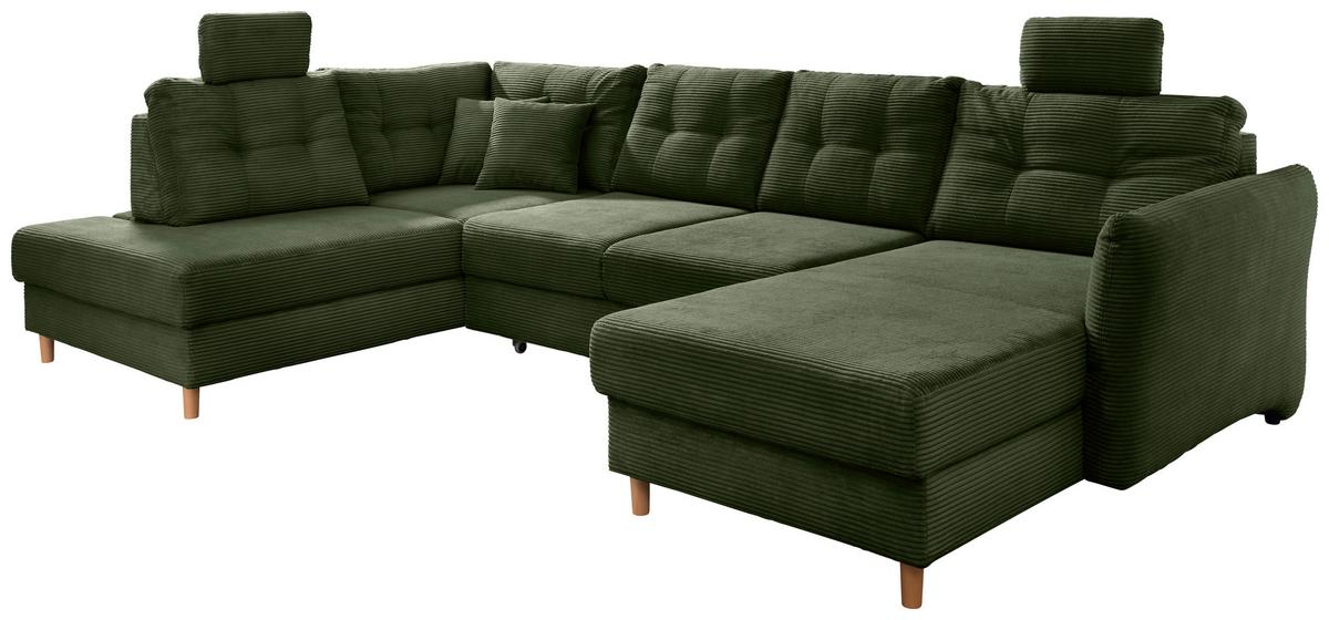 Wohnlandschaft Brizzini mit Schlaffunktion, Dunkelgrün - Dunkelgrün/Naturfarben, MODERN, Textil (206/338-352/176cm) - Livetastic