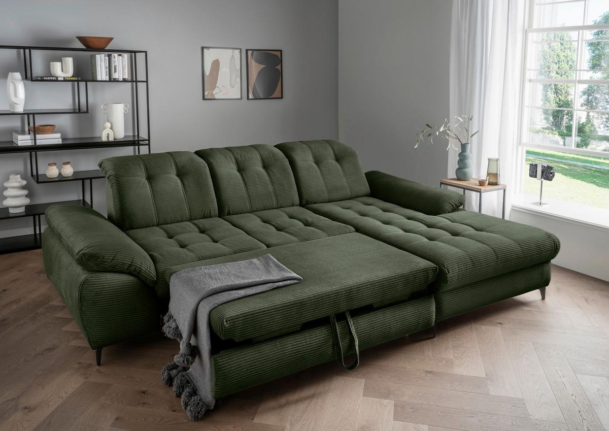 Eckschlafsofa Delphino Dunkelgrün S: 273x189 cm - Dunkelgrün/Schwarz, MODERN, Textil (273/189cm) - Livetastic