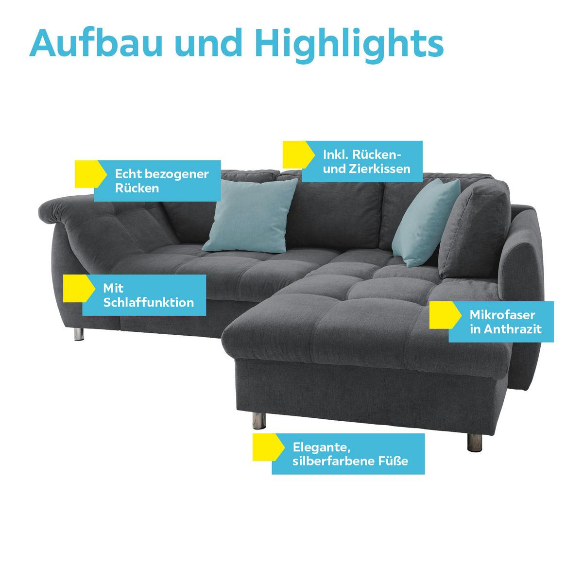 Ecksofa mit Schlaffunktion Agira Anthrazit/Blau 250x190cm - Blau/Chromfarben, Design, Textil (250/190cm) - Livetastic