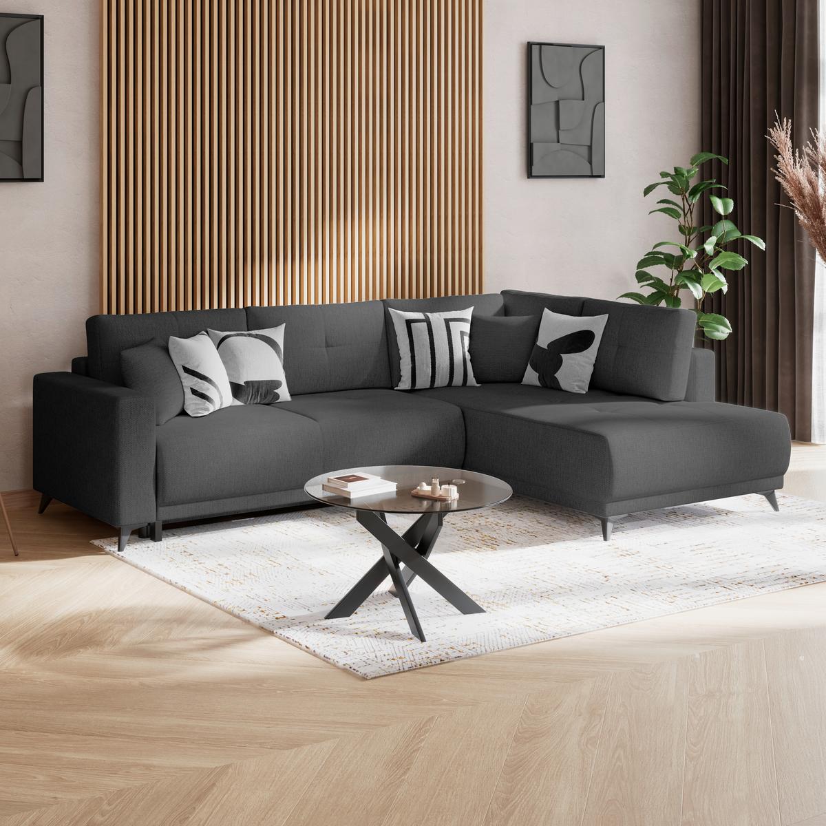 Rohová sedačka TEXAS, pravá, antracitová - černá/šedavě hnědá, Konvenční, dřevo (259/203cm) - Based