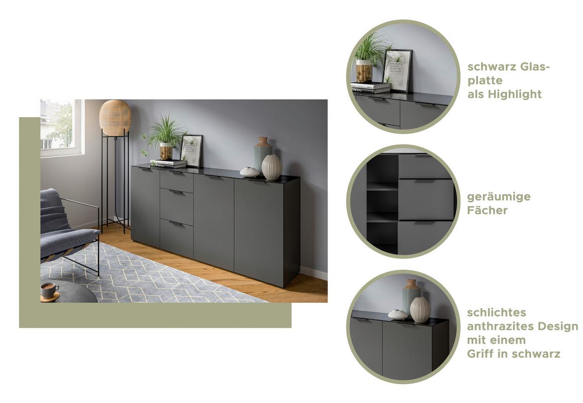 Sideboard Ray Anthrazit B: 179 Cm - Anthrazit, Design, Glas/Holzwerkstoff (179/86/40cm) - Livetastic