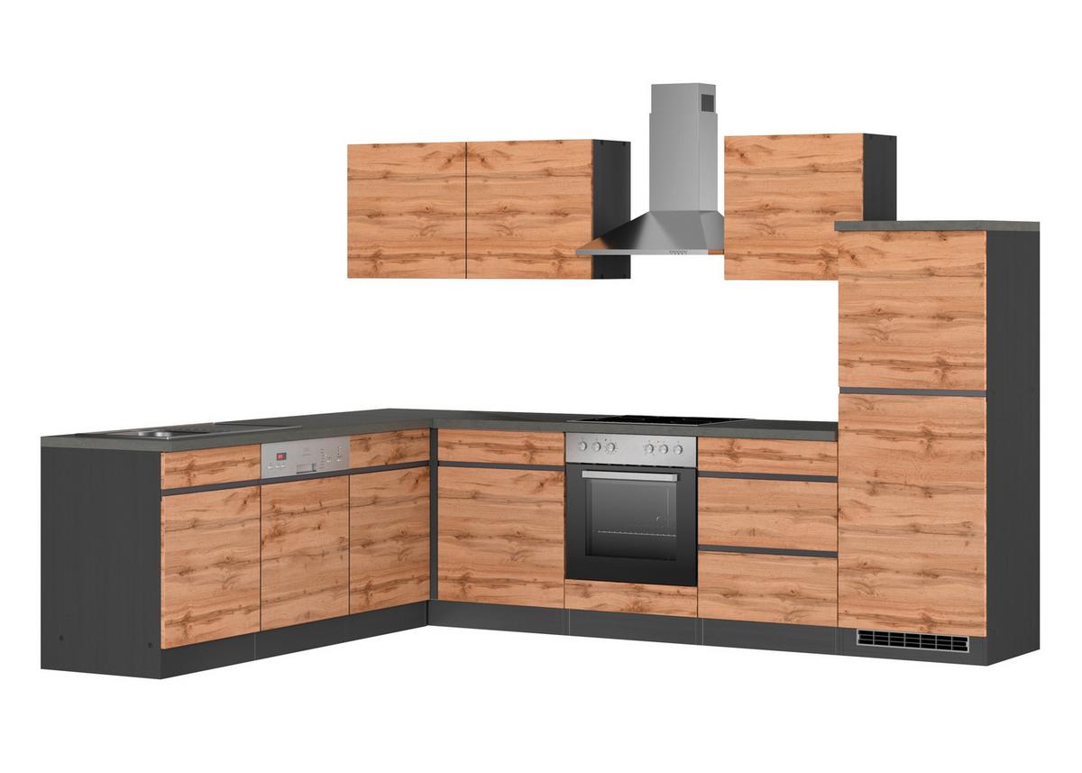 Eckküche Turin Mit Geräten 240x300 Cm Graphit/eiche Dekor - Eiche Wotan/Graphitfarben, Design, Holzwerkstoff (240/300cm) - Held