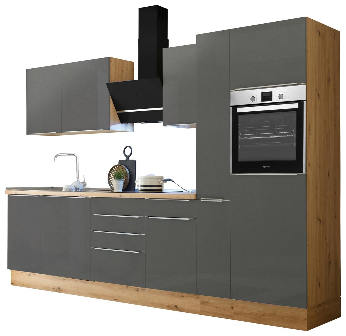 Küchenzeile mit Geräten B: 310 cm Grau/Eiche Dekor - Anthrazit/Eiche Artisan, LIFESTYLE, Holzwerkstoff (310/211/60cm) - Respekta
