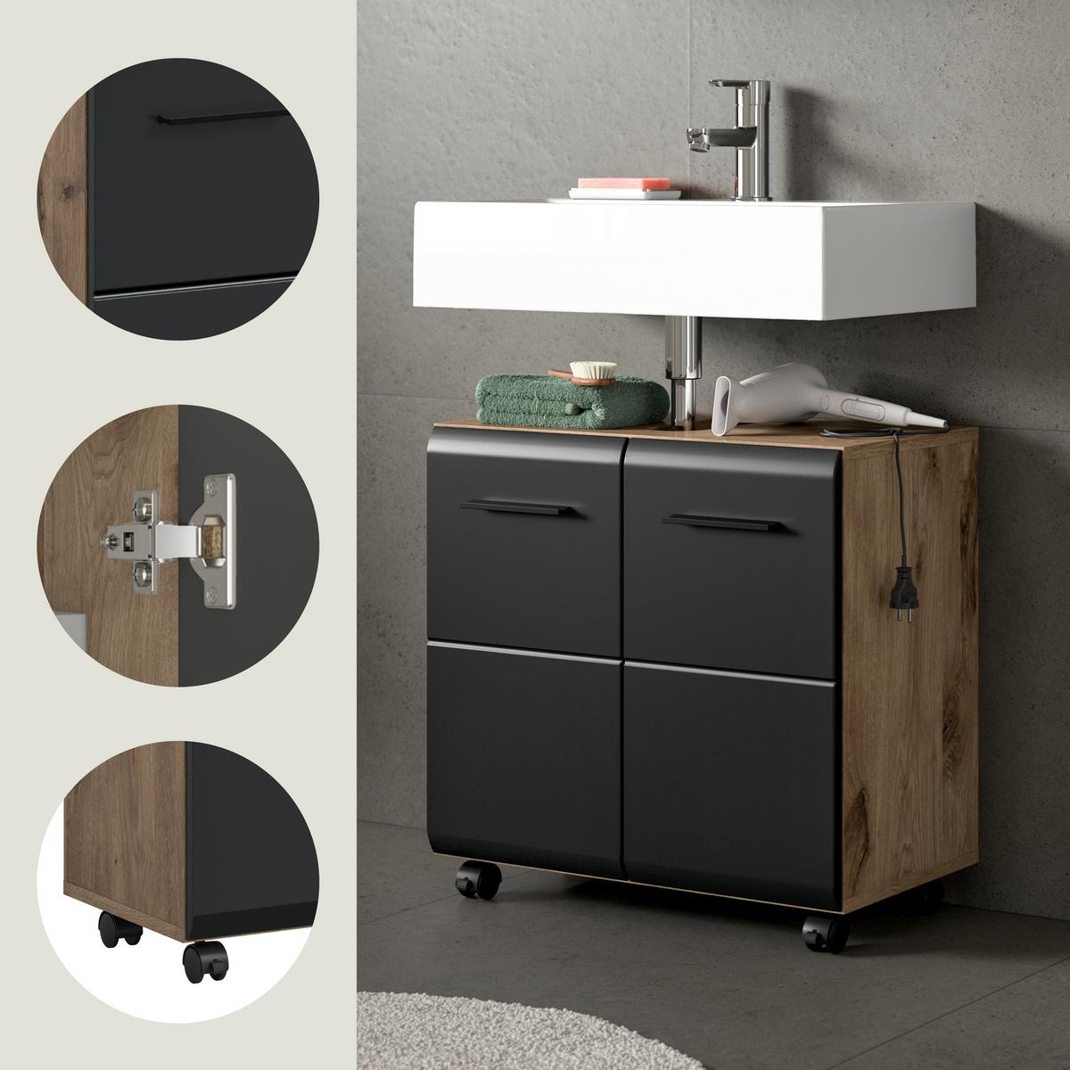 Waschbeckenunterschrank Ice Schwarz/Eiche Dekor B: 60cm - Eiche dunkel/Schwarz, Trend, Holzwerkstoff (60/58/30cm) - MID.YOU