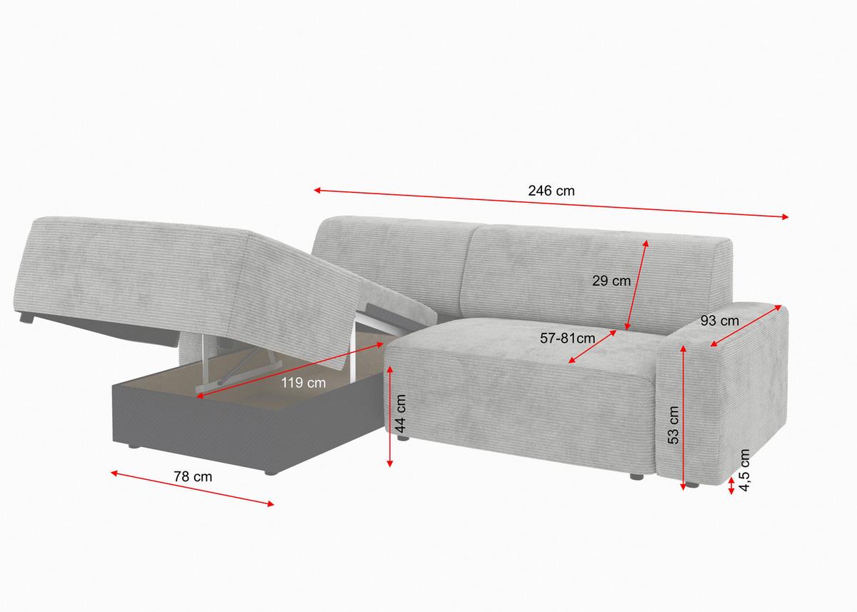 Ecksofa Wien, Grau S: 162x246 cm - Schwarz/Grau, MODERN, Textil (162/246cm) - Trendmanufaktur