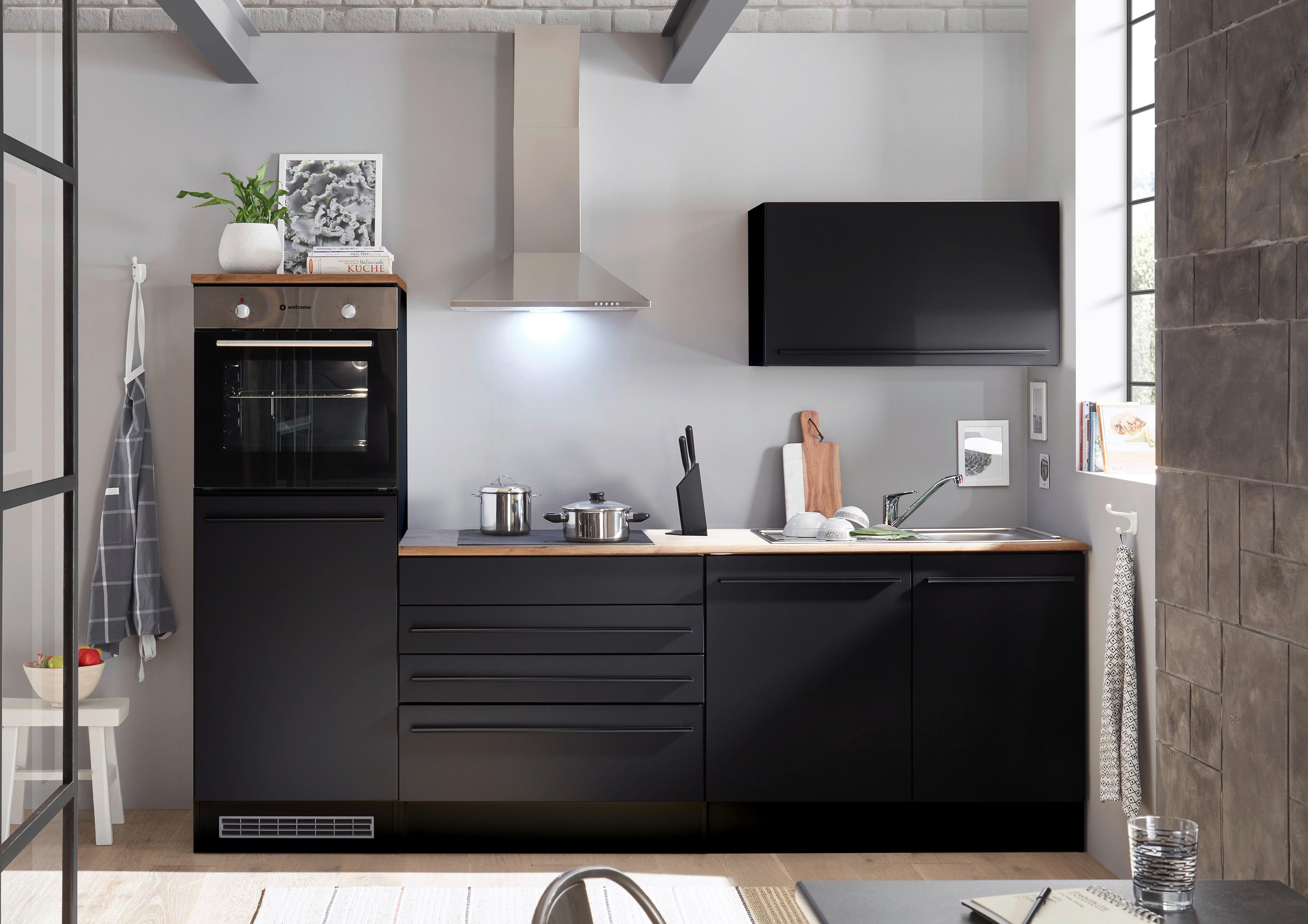 Küchenzeile Jazz mit Geräte B: 260 cm Schwarz/Eiche Dekor - Eichefarben/Schwarz, LIFESTYLE, Holzwerkstoff (260cm) - MID.YOU