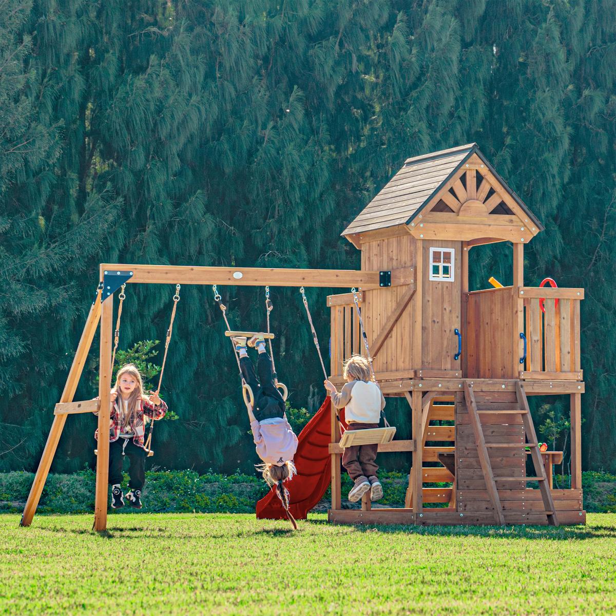 Spielturm Mit Rutsche Rot - Anthrazit/Rot, Basics, Holz/Kunststoff (435/410/305cm) - Ambia Garden