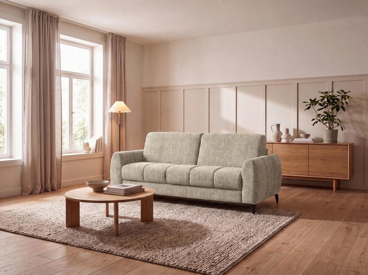 Schlafsofa inkl. Bettfunktion Webstoff creme, B:206 cm - Creme/Schwarz, MODERN, Holz/Textil (206/89/100cm)