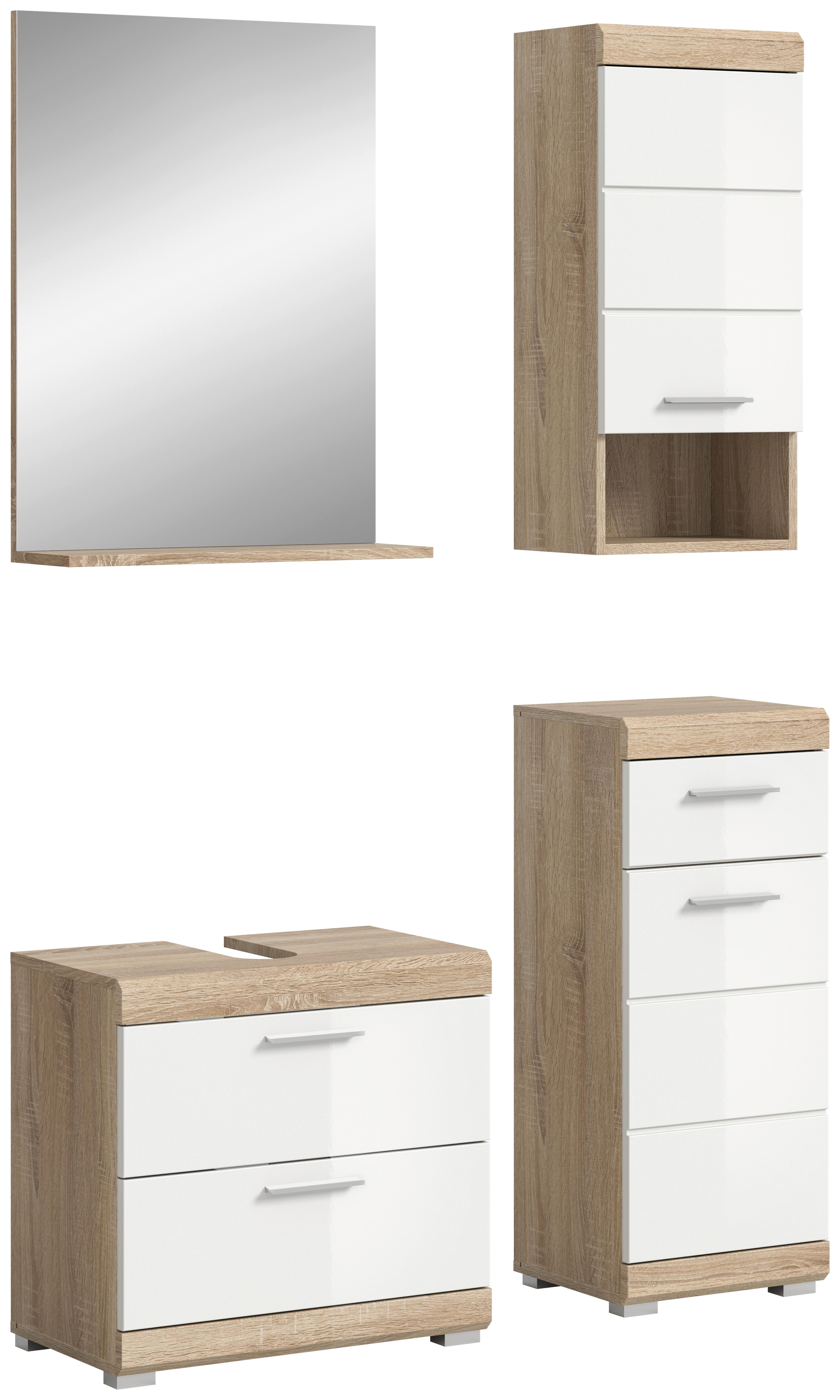 Badezimmer Lambada Eiche Dekor/weiß B: 97 Cm - Weiß Hochglanz/Silberfarben, MODERN, Glas/Holzwerkstoff (97cm) - MID.YOU
