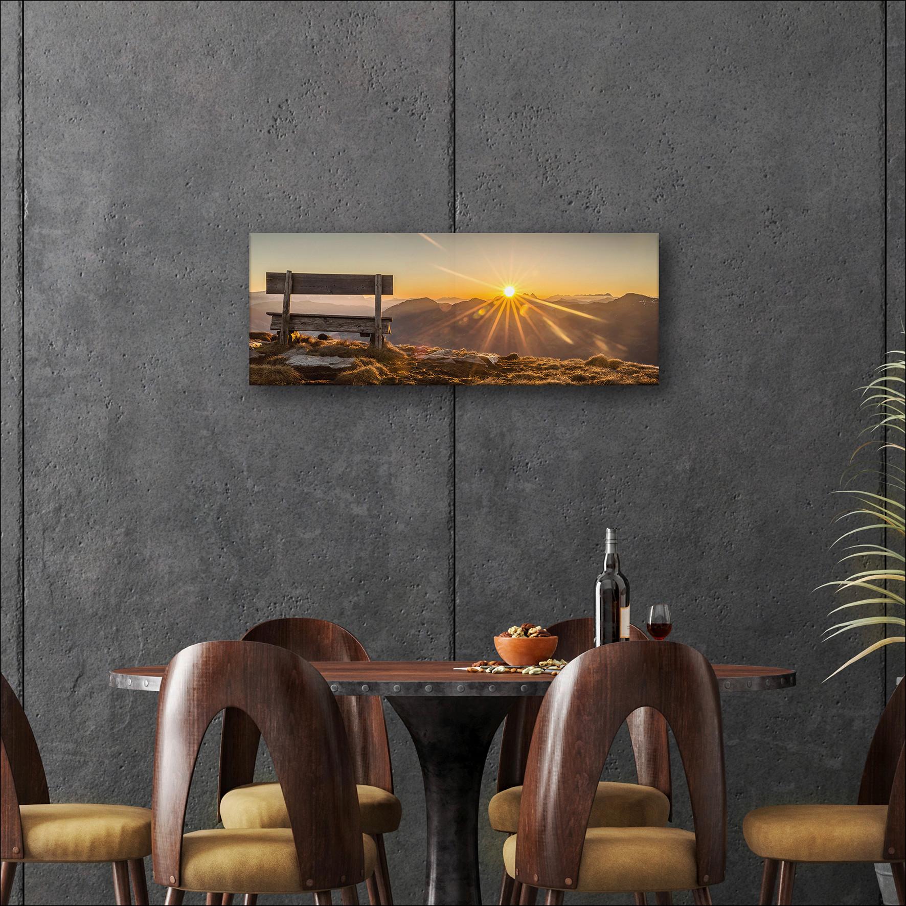 Leinwandbild Bench And Horizon Sonnenuntergang 77x27 Cm - Gelb/Beige, Basics, Papier/Holzwerkstoff (77/27/2cm)